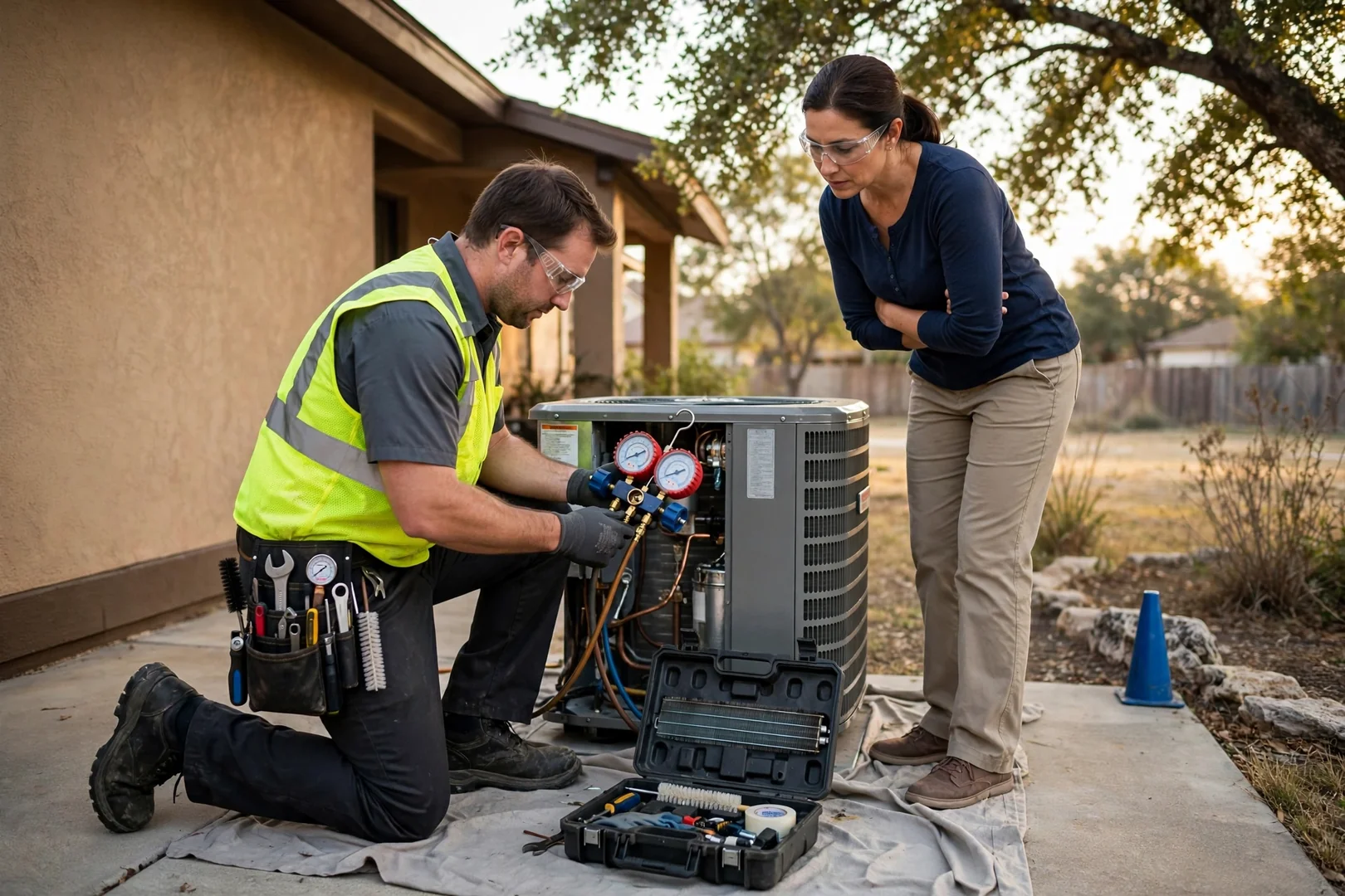 Technician reviewing a written HVAC installation estimate with a homeowner beside a new outdoor unit