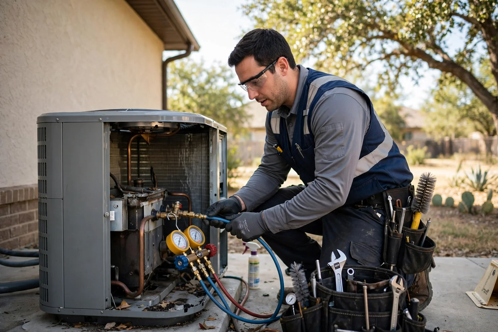 Technician installing a new outdoor AC condenser beside a Universal City home