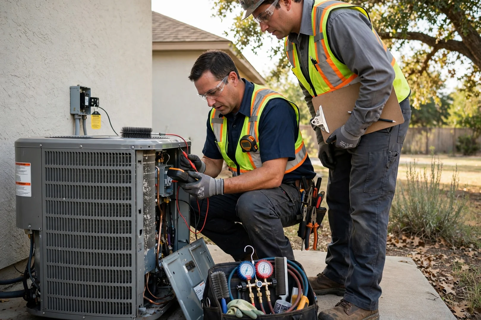 Technician inspecting new furnace venting and gas line