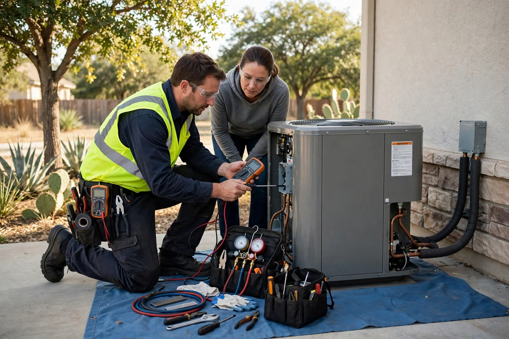 Technician setting a new outdoor AC condenser on a pad beside a Universal City home