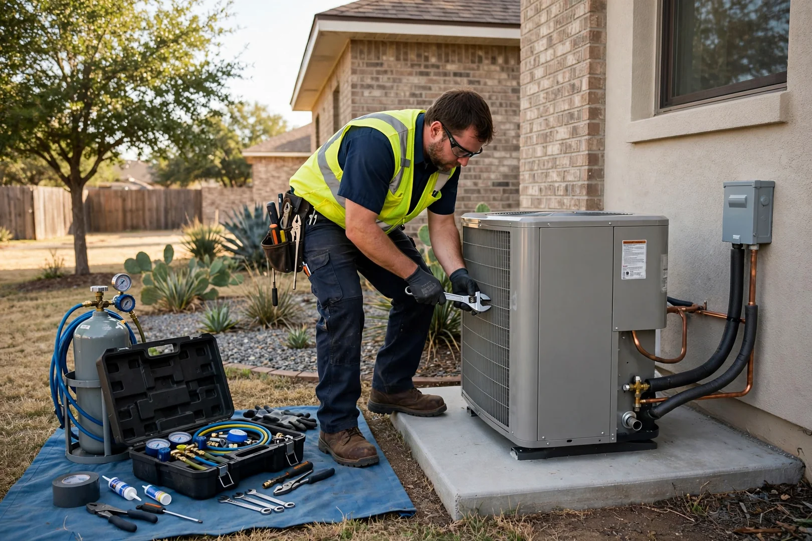 New outdoor AC condenser installed on a level pad beside a Universal City home