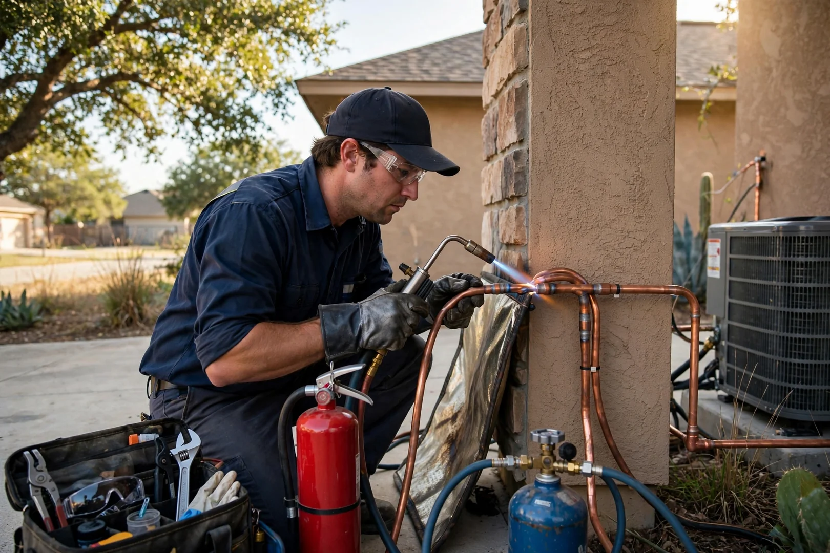 Technician brazing refrigerant line set connections during a central air installation