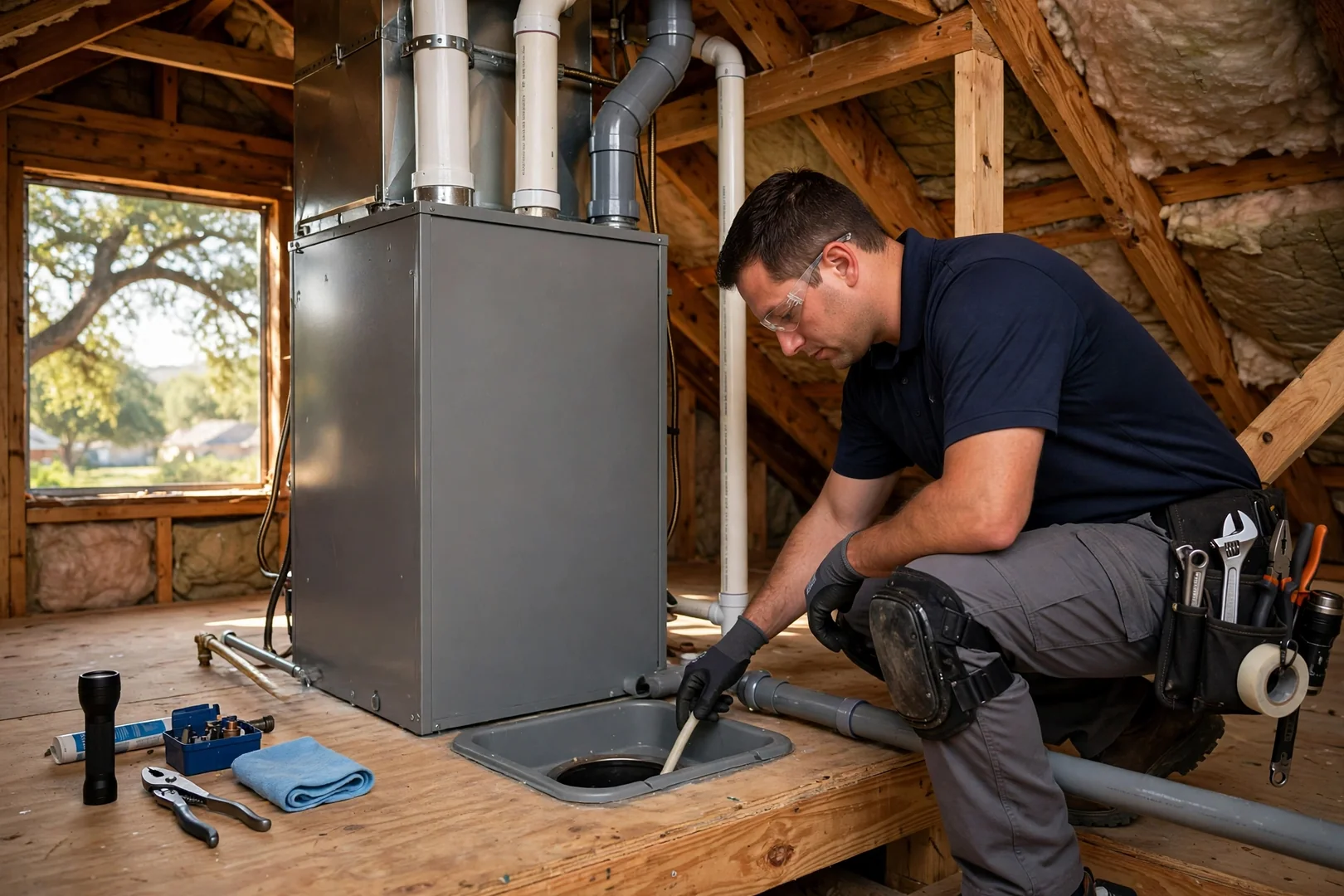Gas furnace installed on an attic platform with sealed flue venting and drain pan