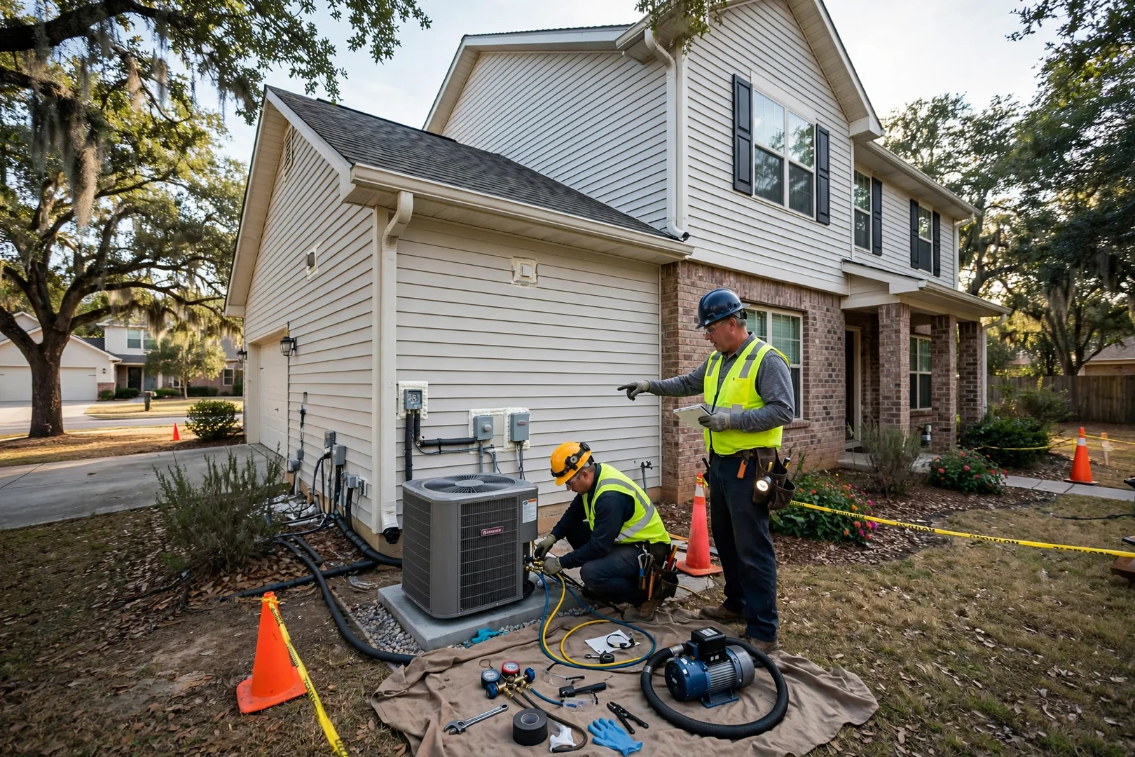 Wide view of a replaced heat pump system beside a two-story suburban house
