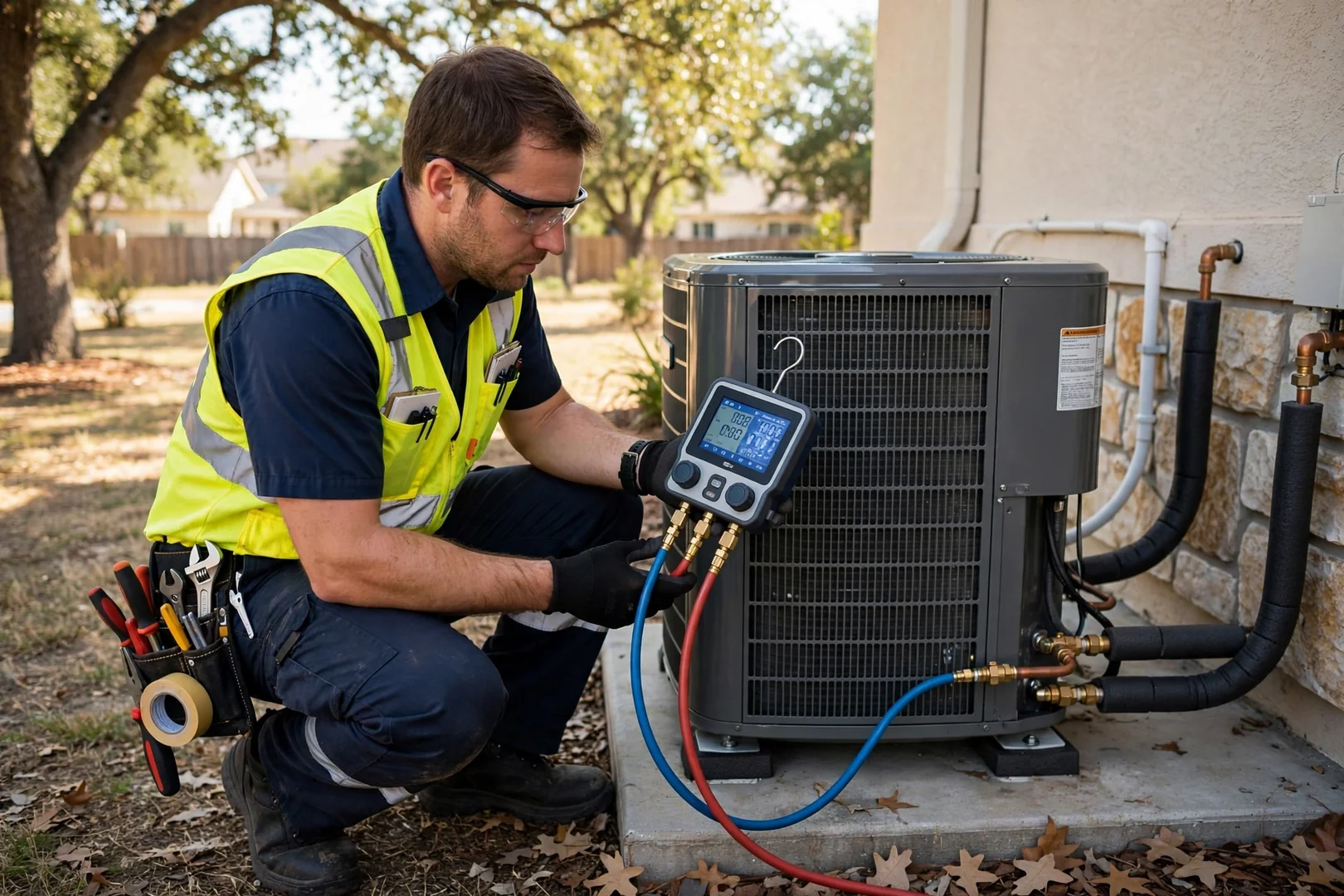 Technician checking refrigerant pressures with digital gauges after new AC system startup