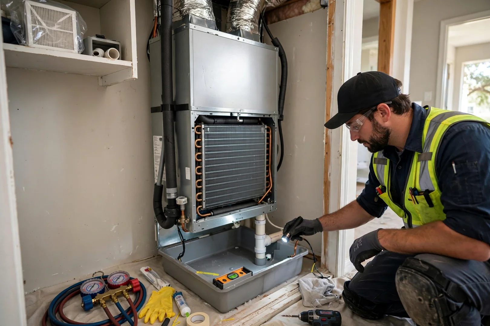 New indoor air handler and evaporator coil with secondary drain pan in a closet