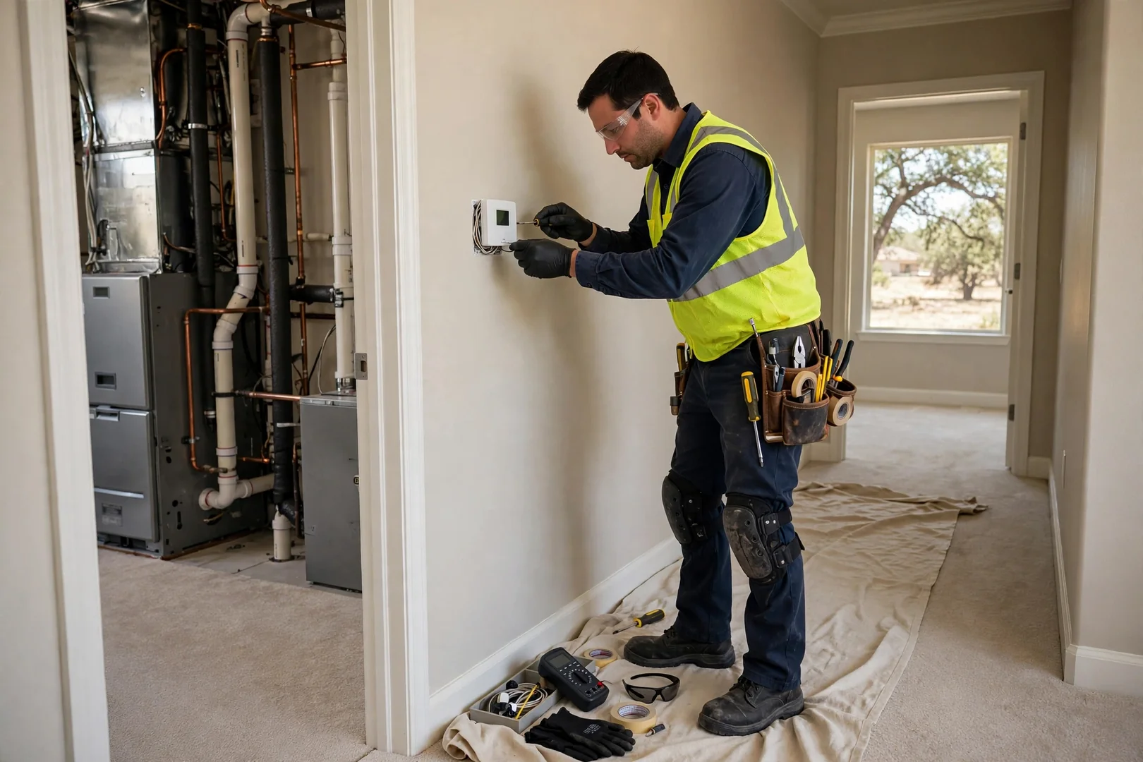 Programmable thermostat mounted on a hallway wall after a furnace and AC installation
