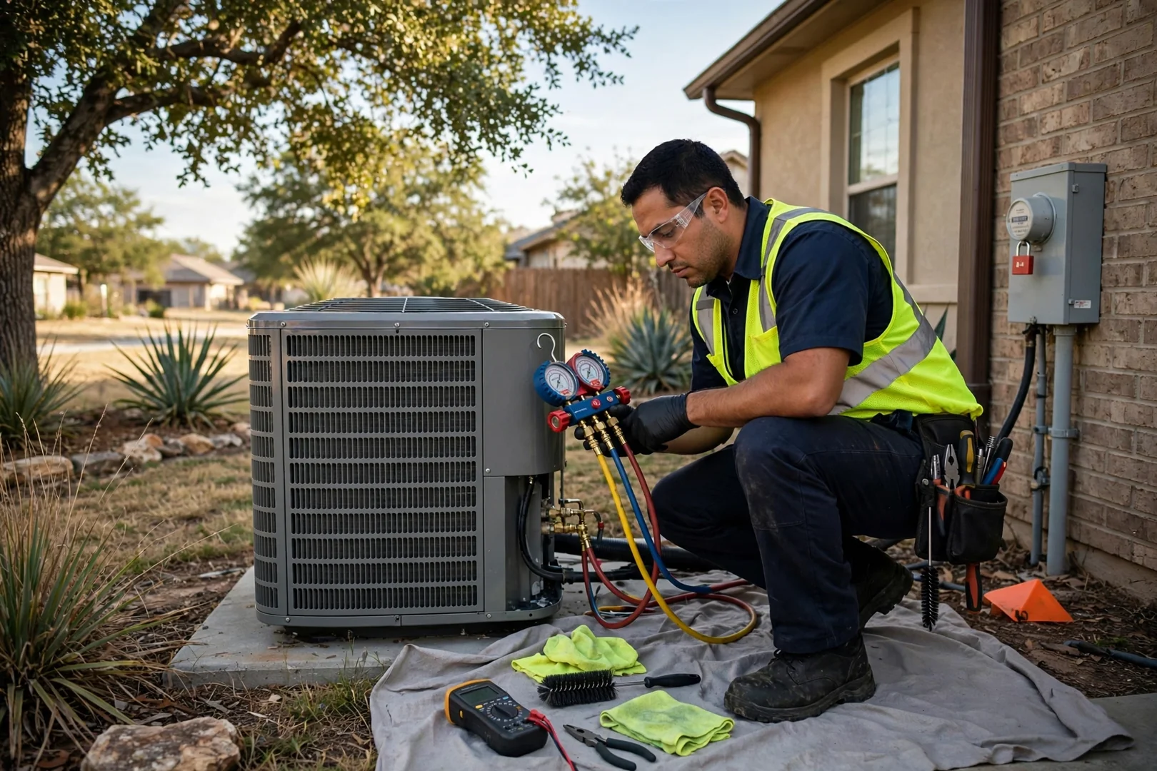 Technician reviewing a written AC repair estimate with a homeowner beside an outdoor condenser unit