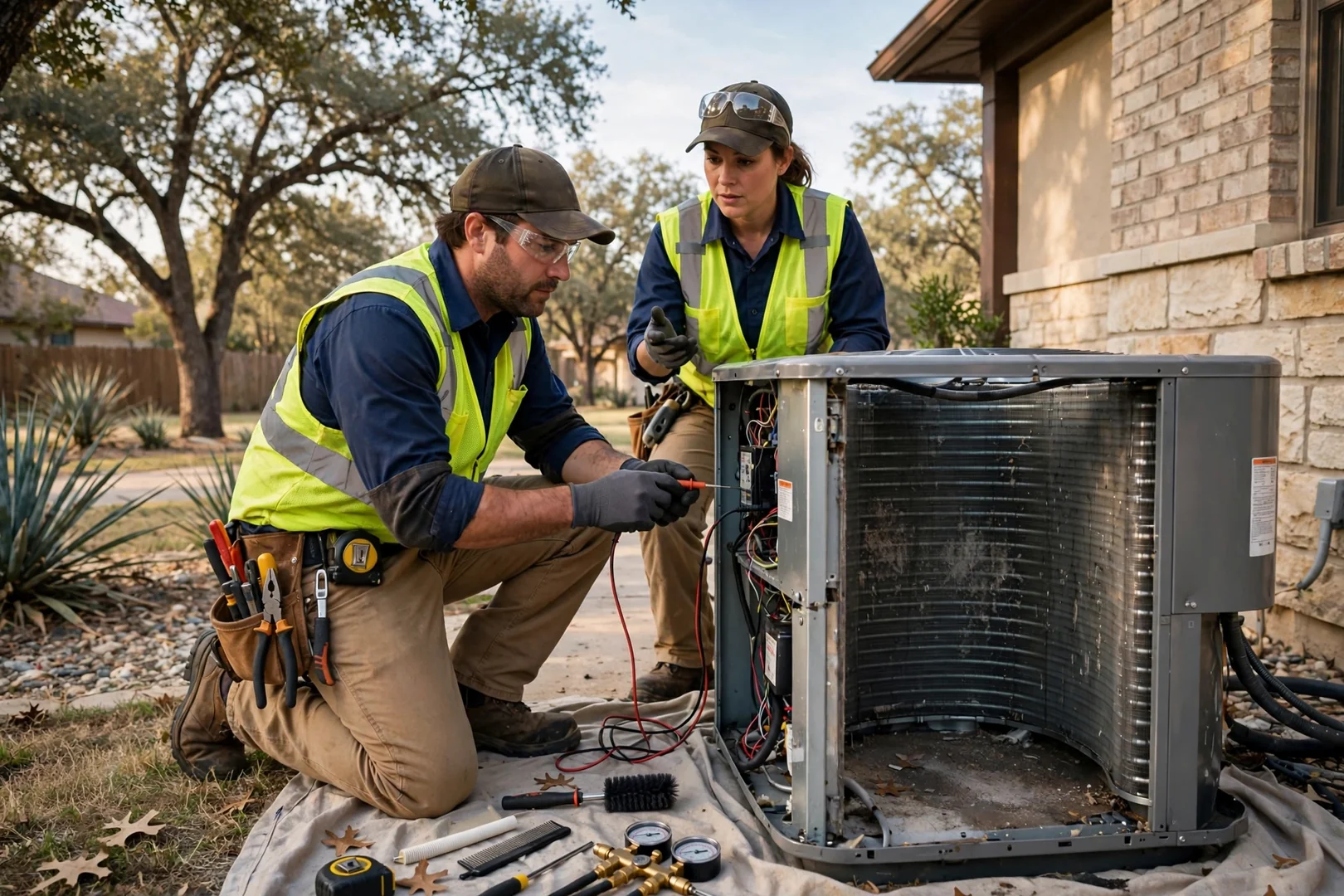 Technician testing refrigerant pressure on an outdoor AC condenser unit