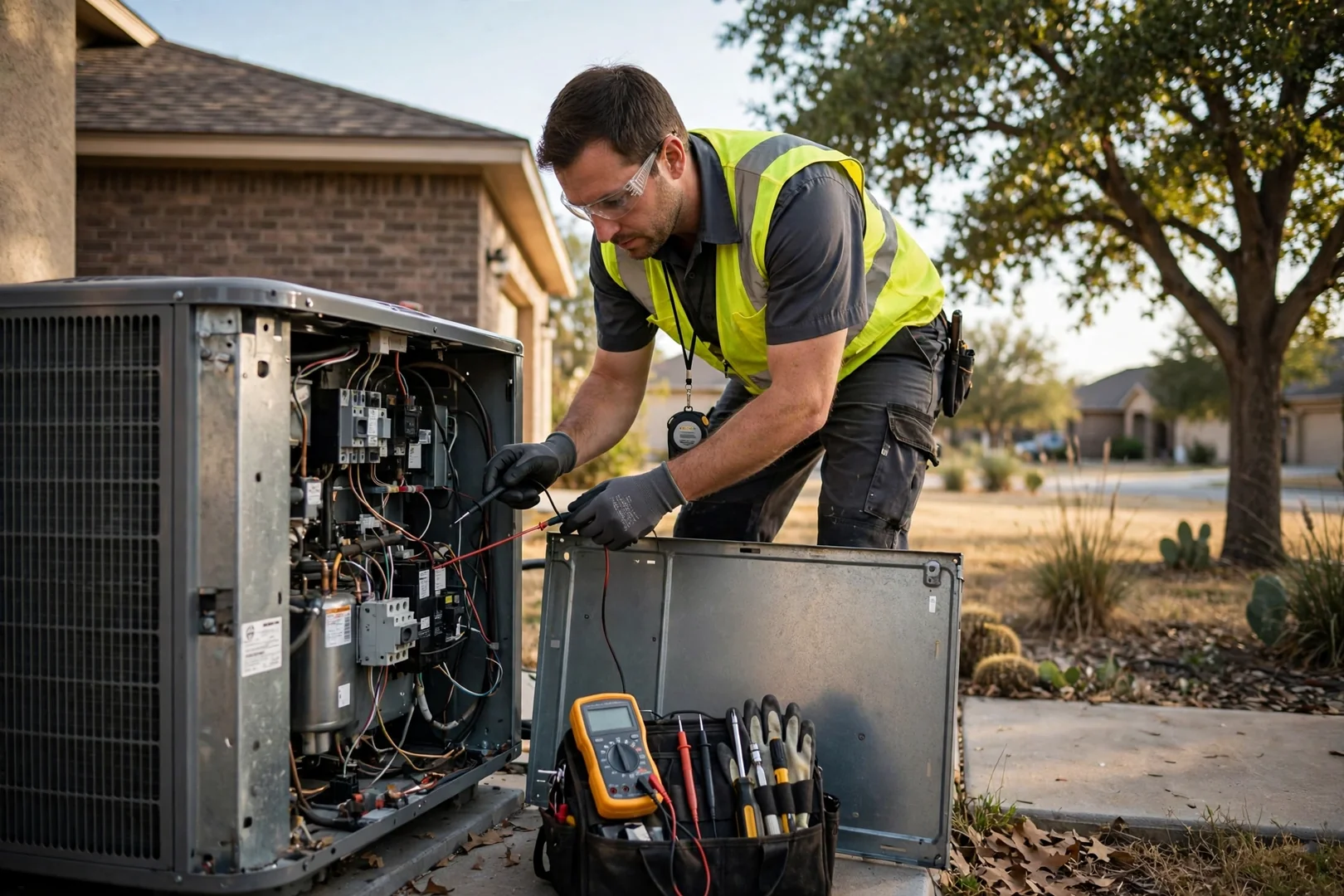 Technician checking capacitor wiring in an AC unit