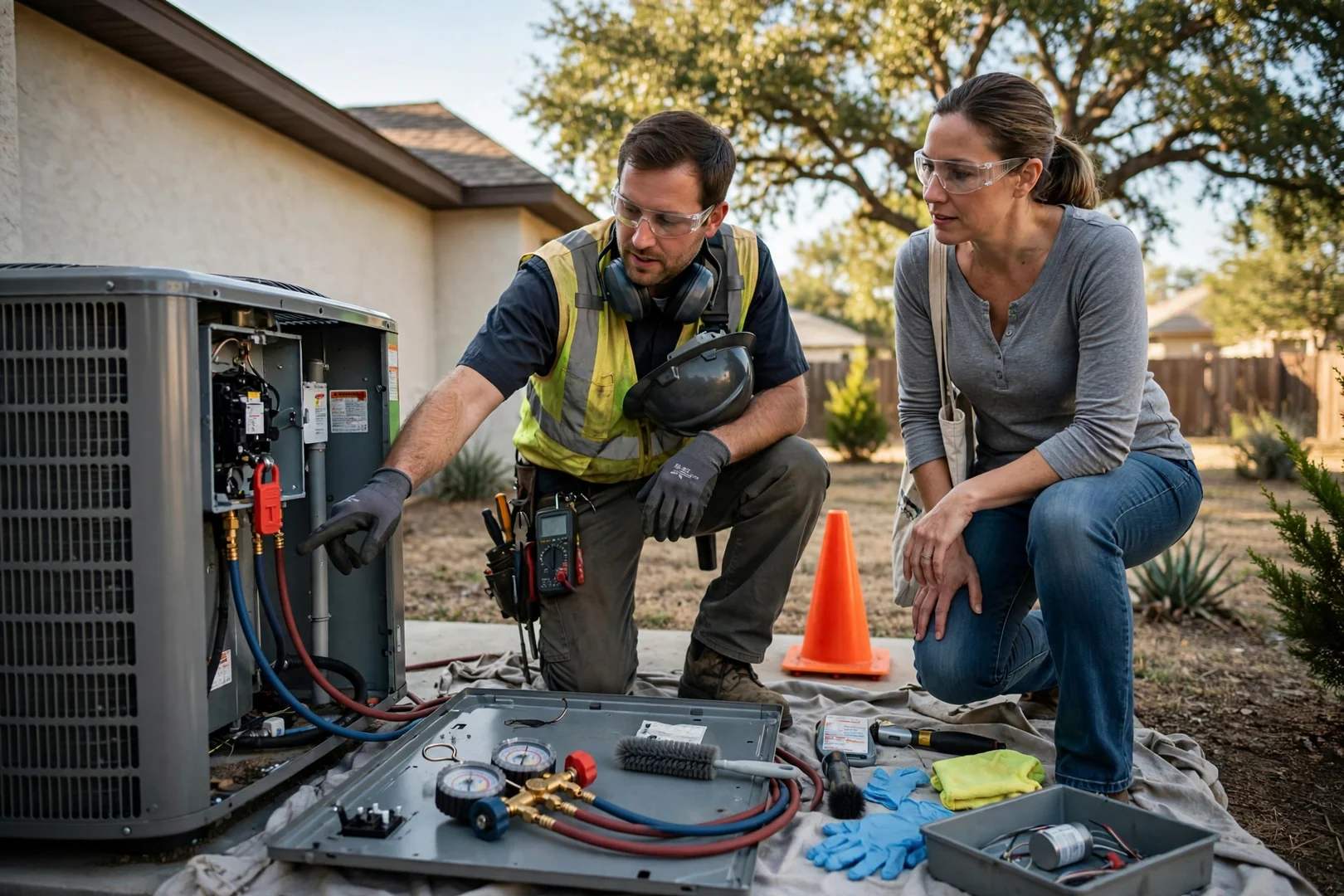 HVAC technician testing an outdoor AC condenser with gauges at a Universal City home