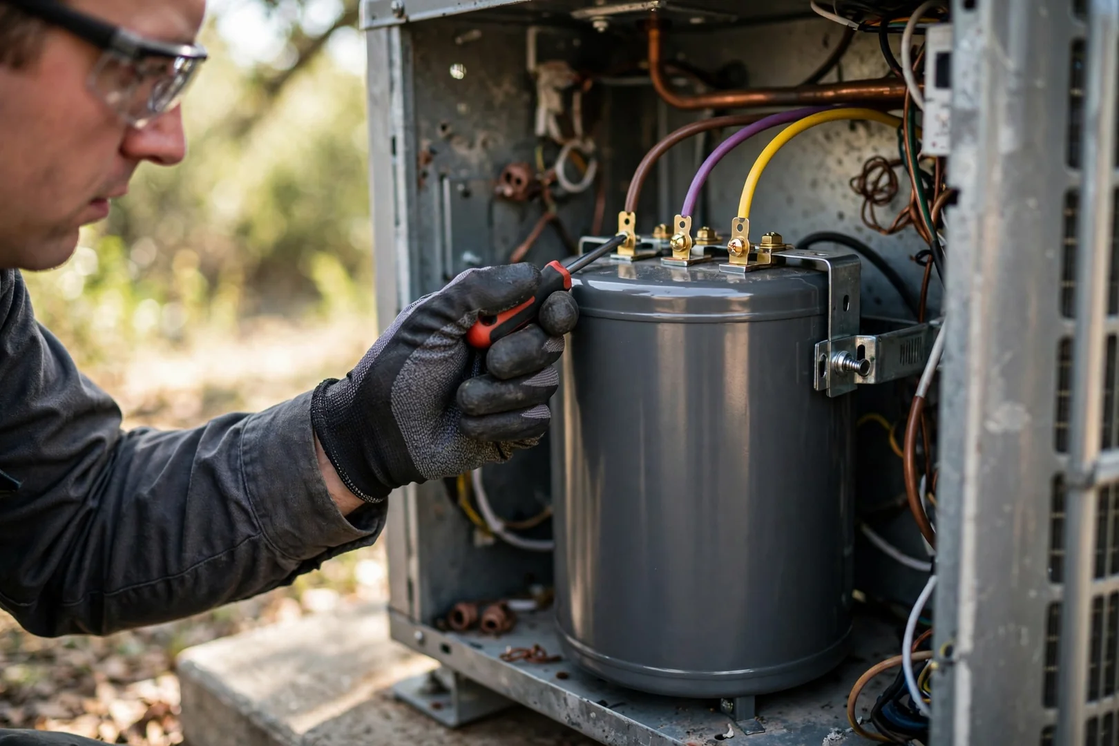 Close-up of a new run capacitor installed inside an outdoor AC condenser panel