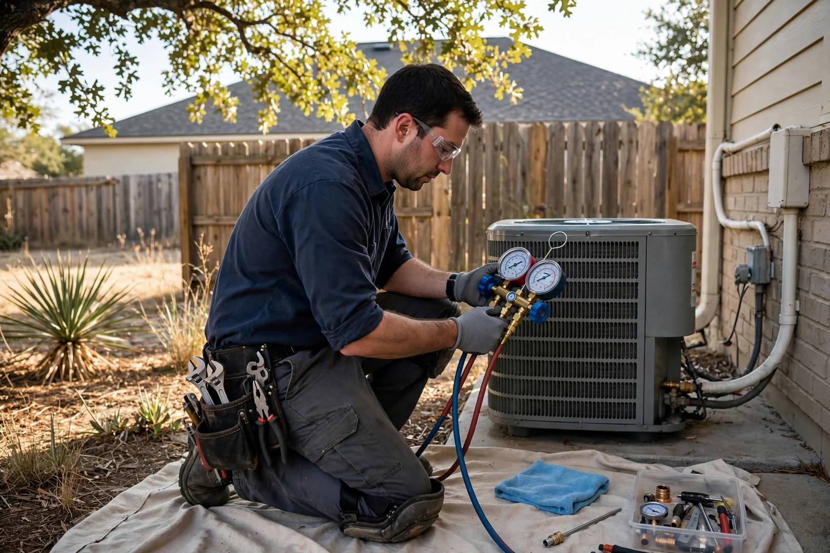 Technician checking refrigerant pressures with manifold gauges on a residential condenser in Universal City