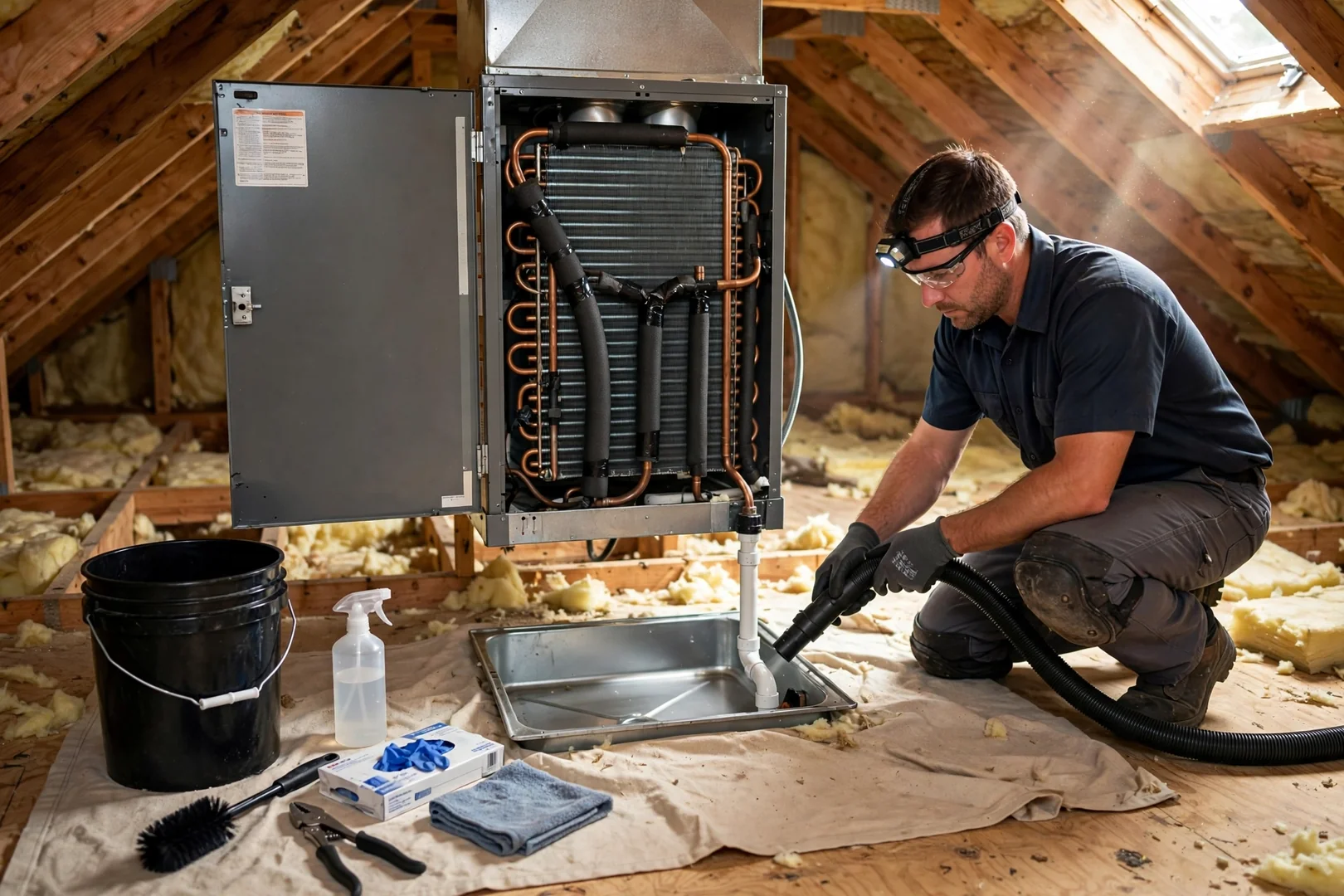 Cleared condensate drain line and drain pan beneath an attic air handler