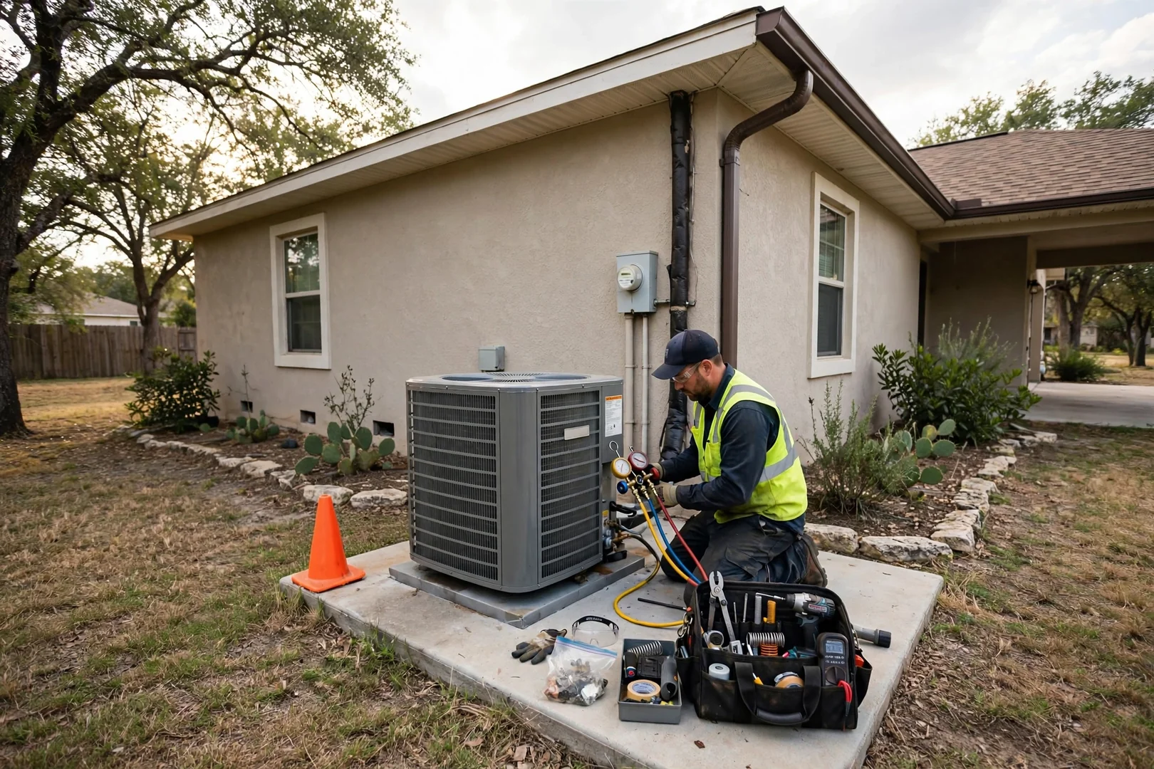 Wide view of a repaired AC condenser on a level pad beside a single-story home