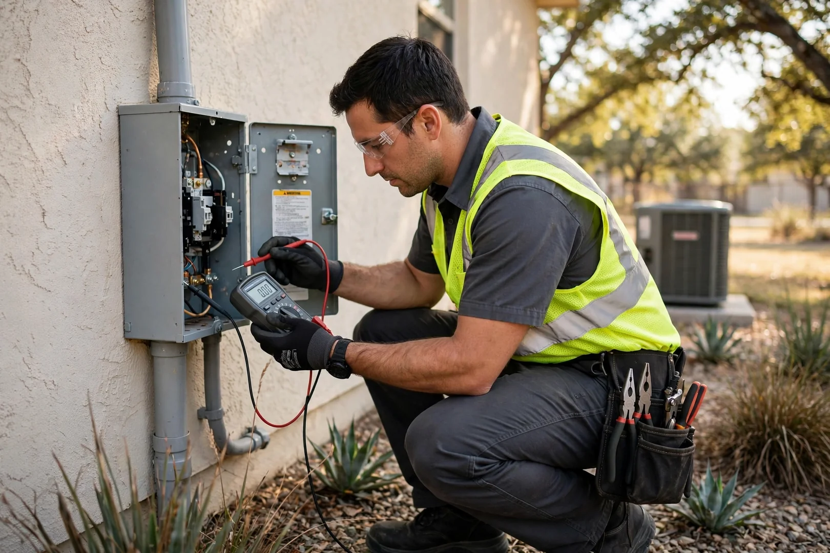 Technician using a multimeter to confirm zero voltage at an outdoor AC disconnect box