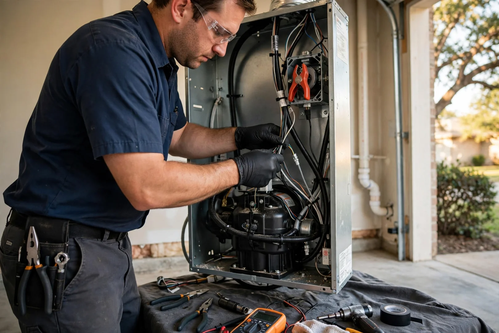 Replaced blower motor inside an indoor air handler cabinet with neatly secured wiring