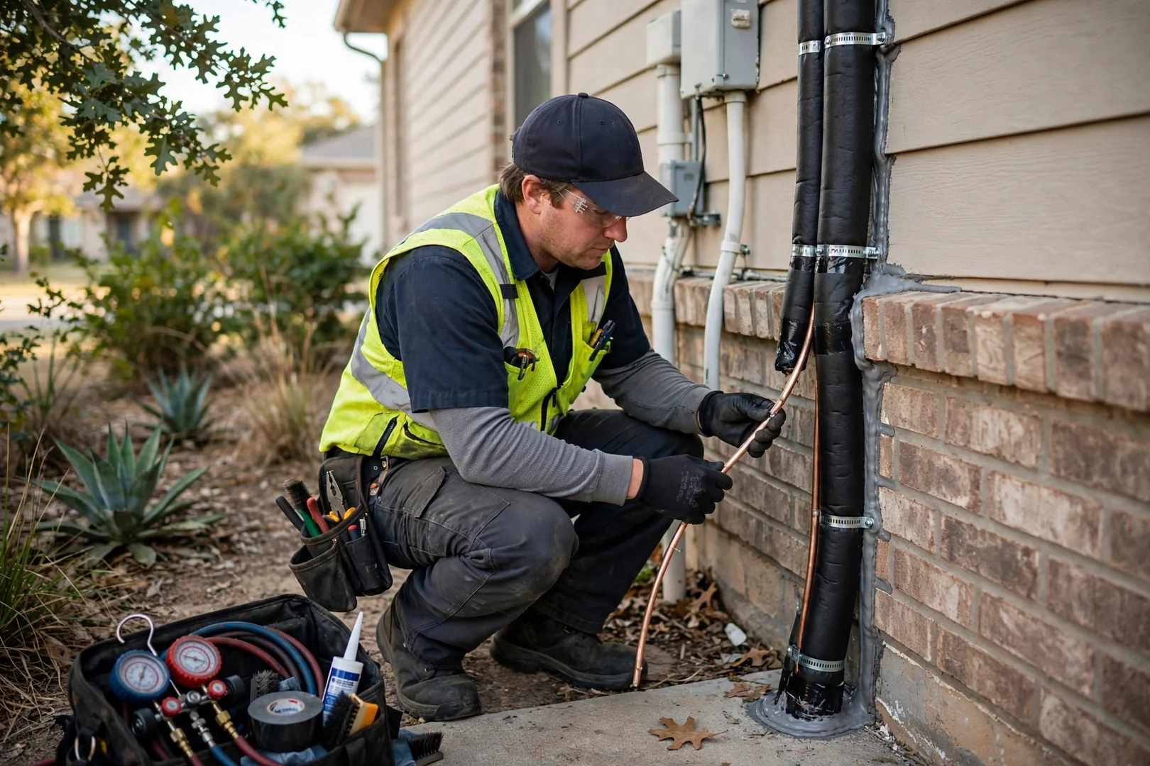 Insulated refrigerant line set newly repaired along the exterior wall of a Texas home