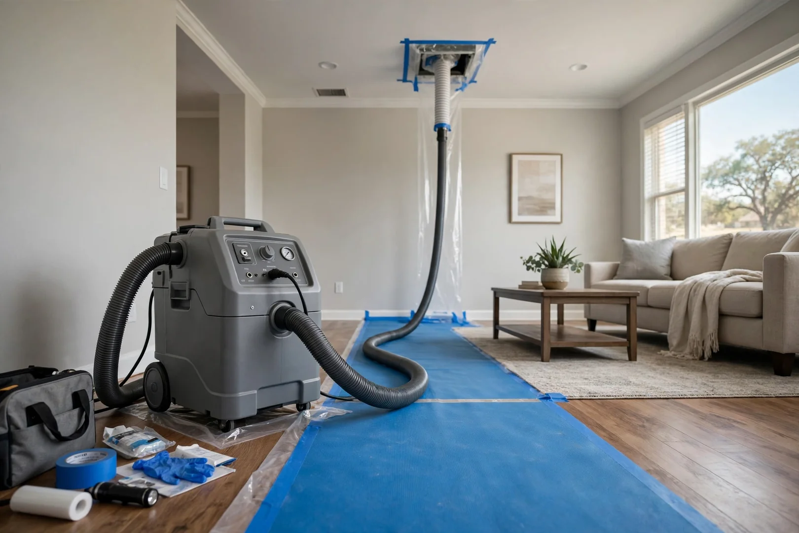 Negative air machine connected to ductwork after a home remodel in Universal City