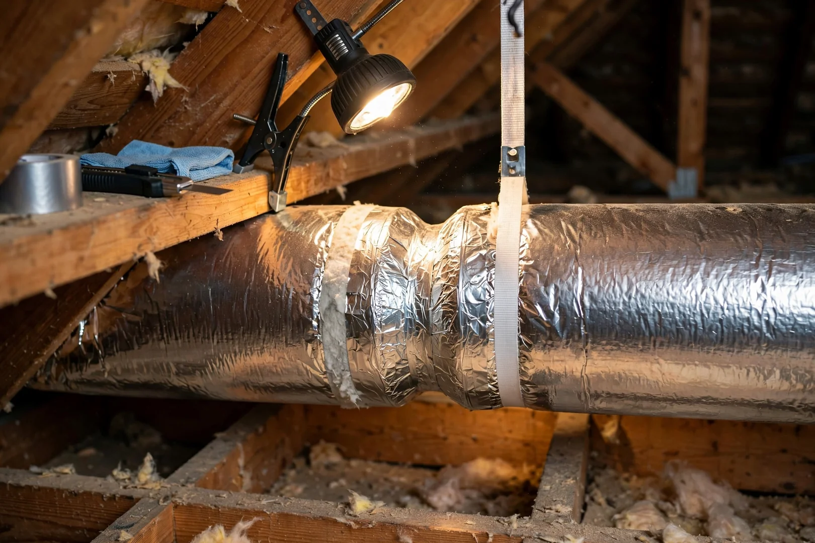 Attic flex duct connection resealed with foil tape during air duct cleaning service