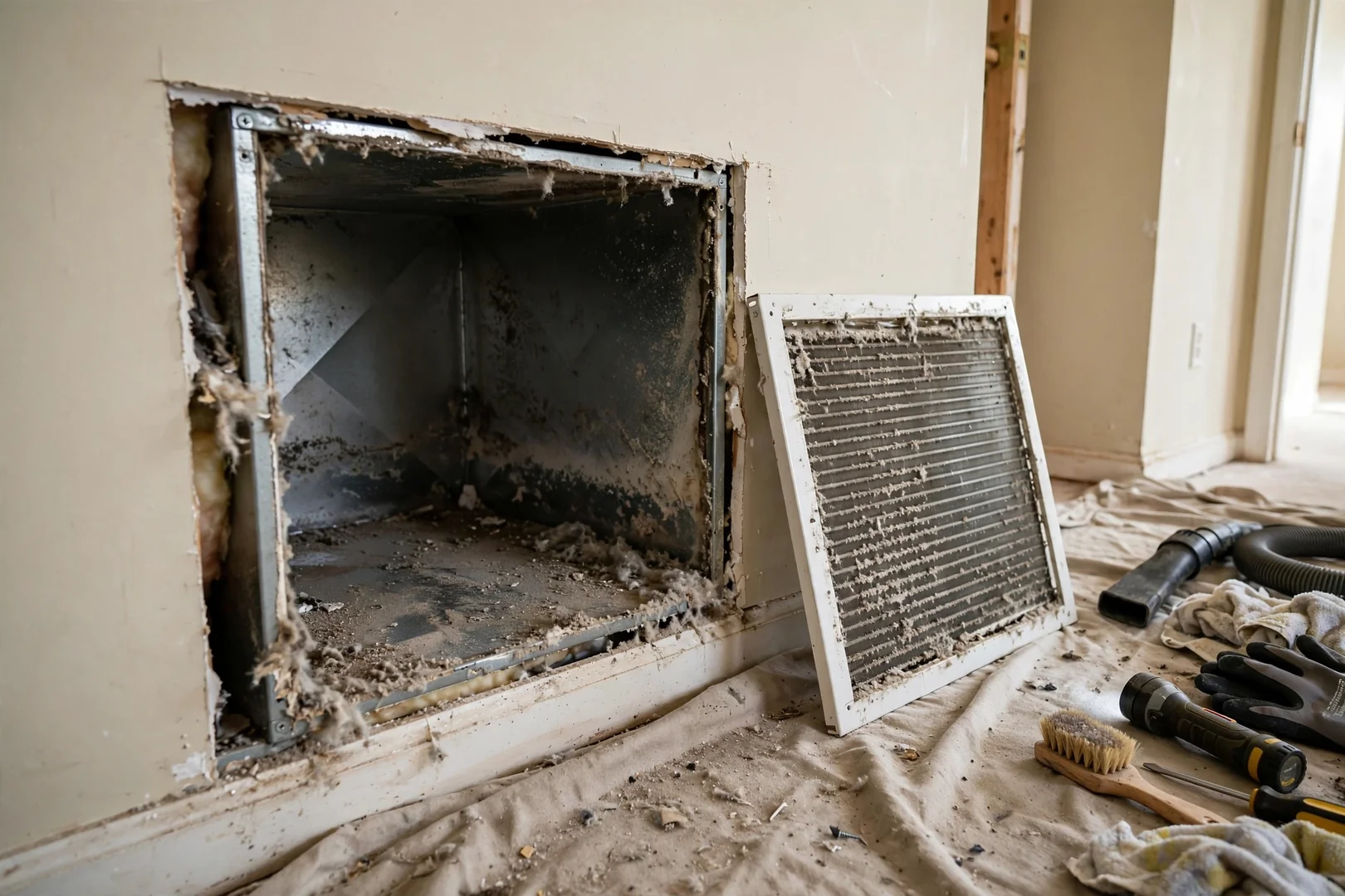 Open return air plenum with visible dust buildup before cleaning begins
