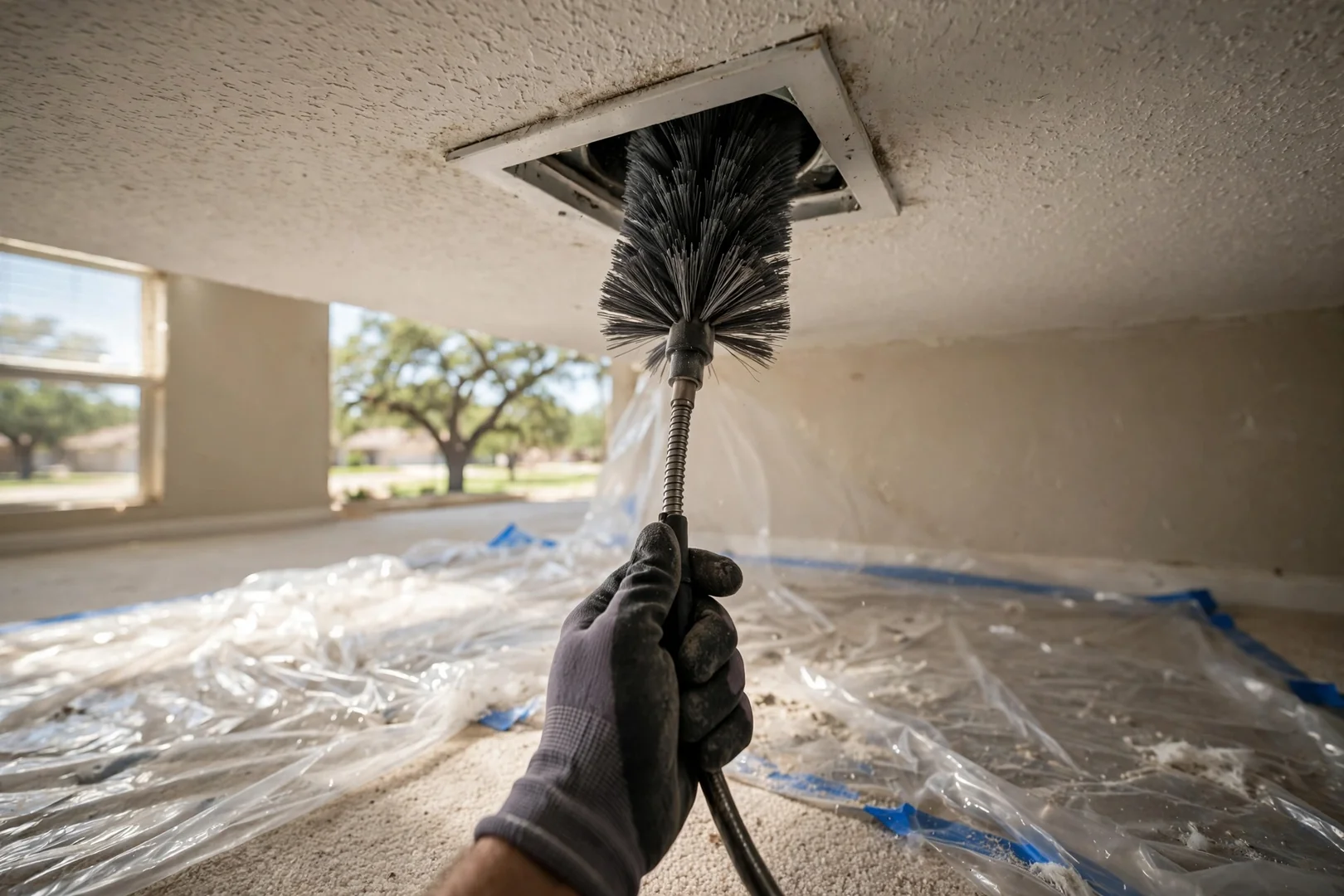 Rotary brush cleaning a ceiling supply duct during residential air duct service