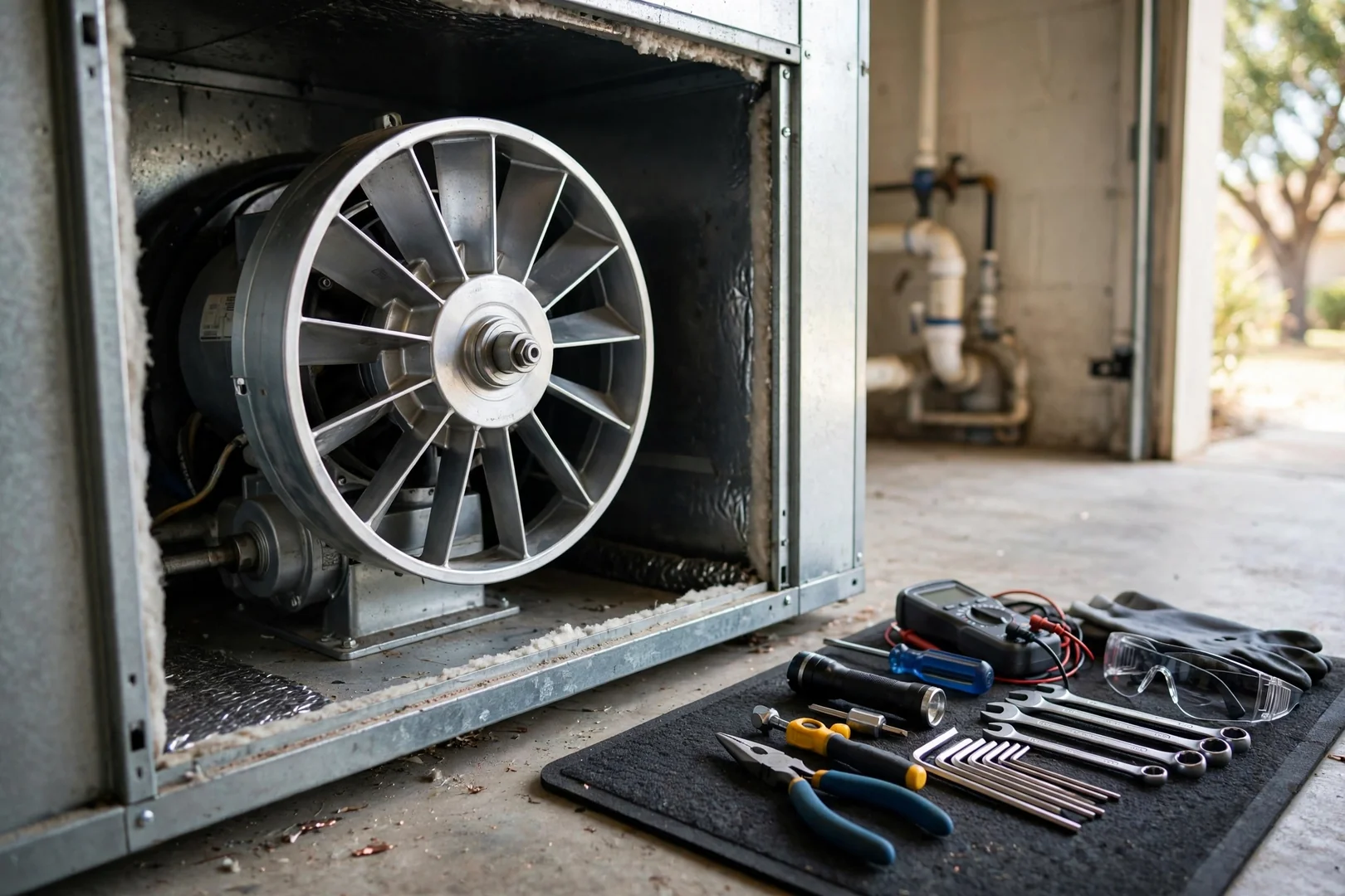 Cleaned blower wheel inside an air handler after safe power lockout procedures