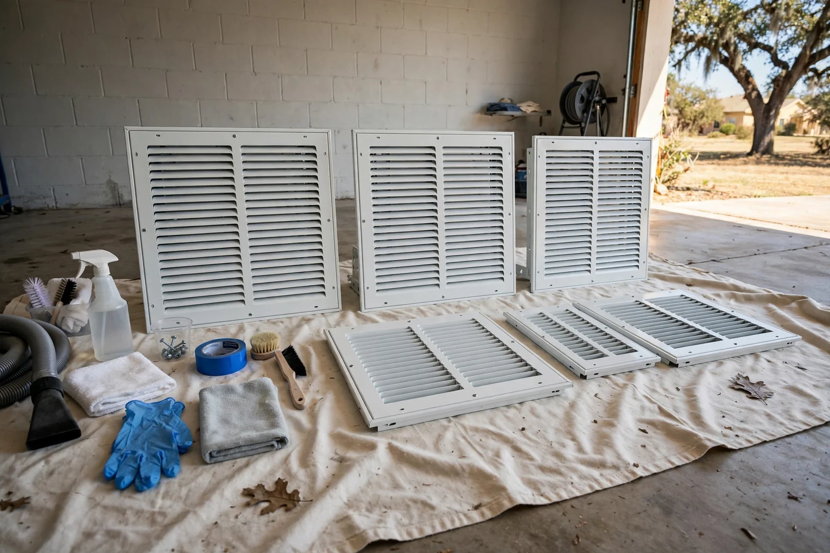Freshly cleaned supply registers arranged on a drop cloth before reinstallation