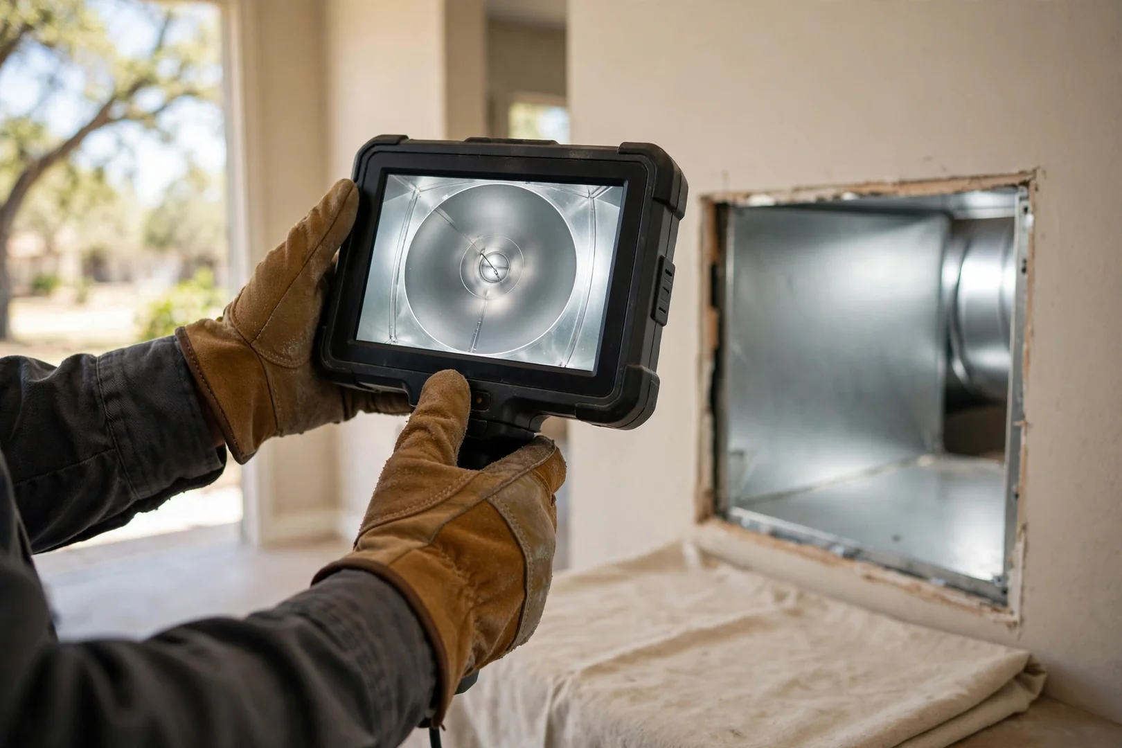 Duct inspection camera showing clean ductwork during a post-job walkthrough