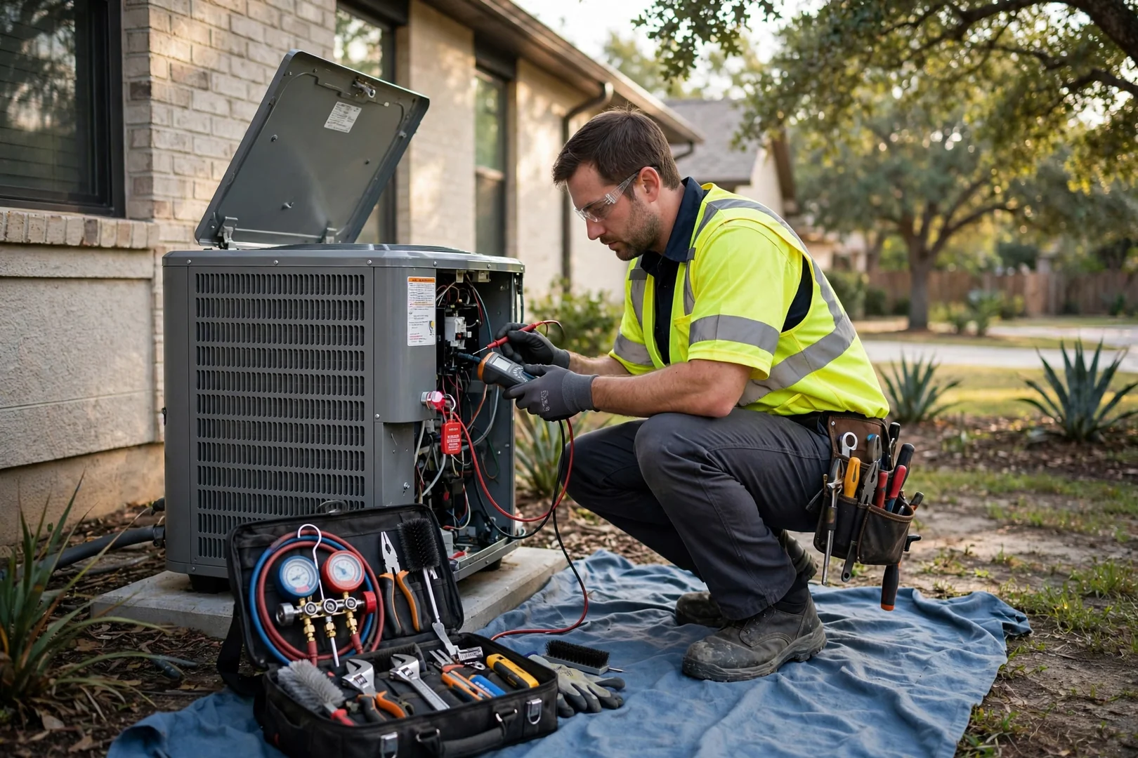 HVAC technician testing a gas furnace heat exchanger with a combustion analyzer in a home