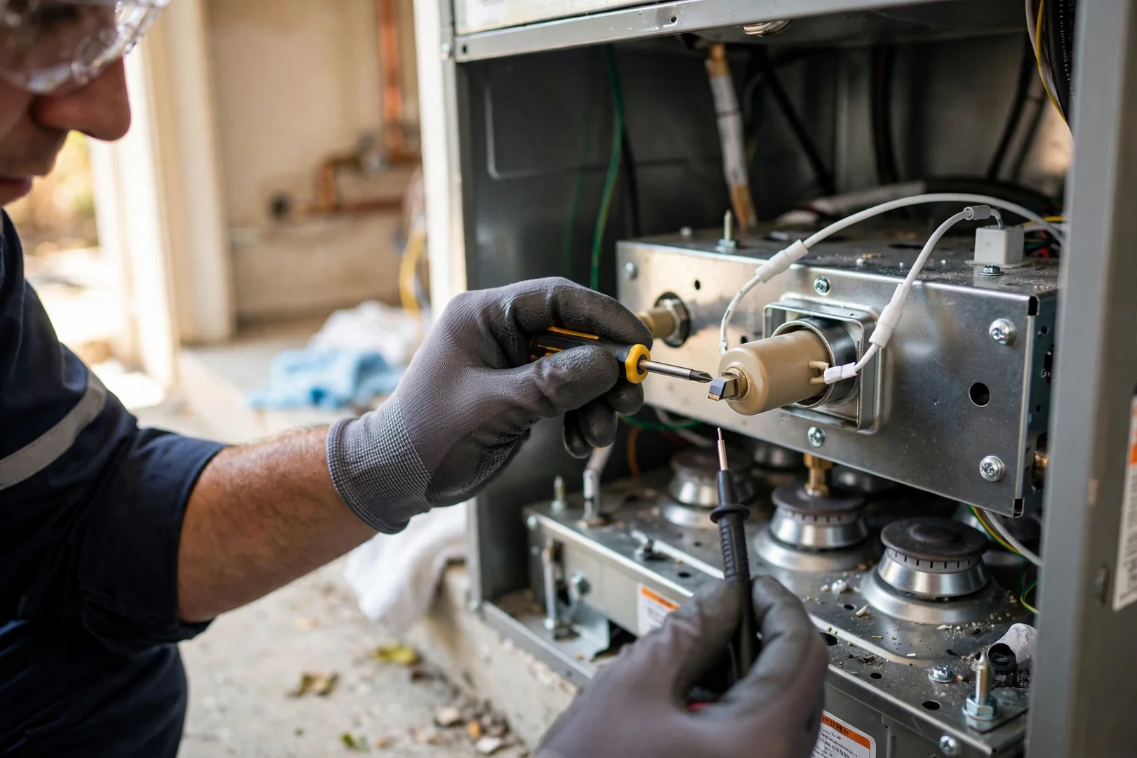 Close-up of a newly installed hot surface ignitor inside a residential gas furnace