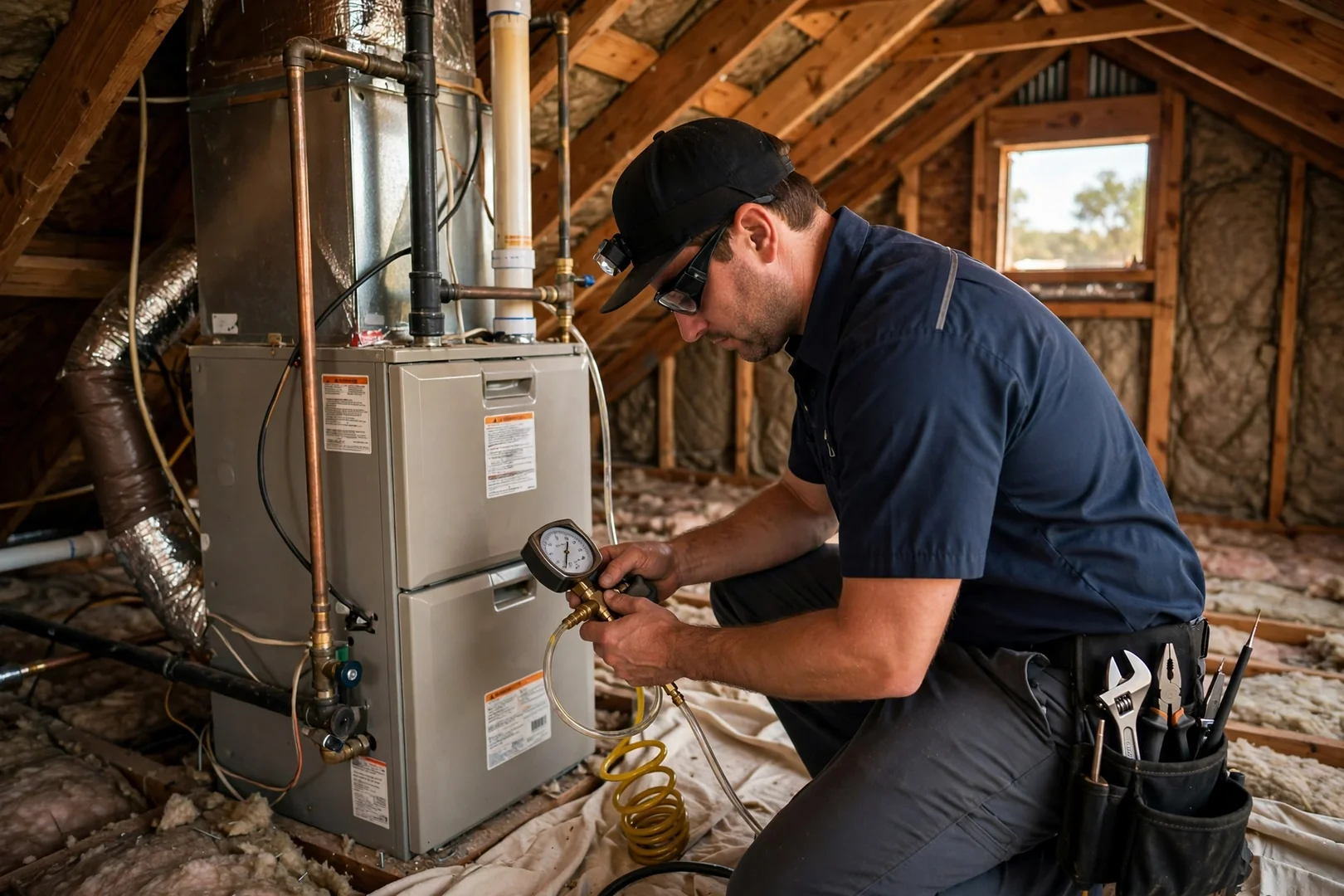 Technician testing furnace gas pressure with a manometer in a Universal City attic