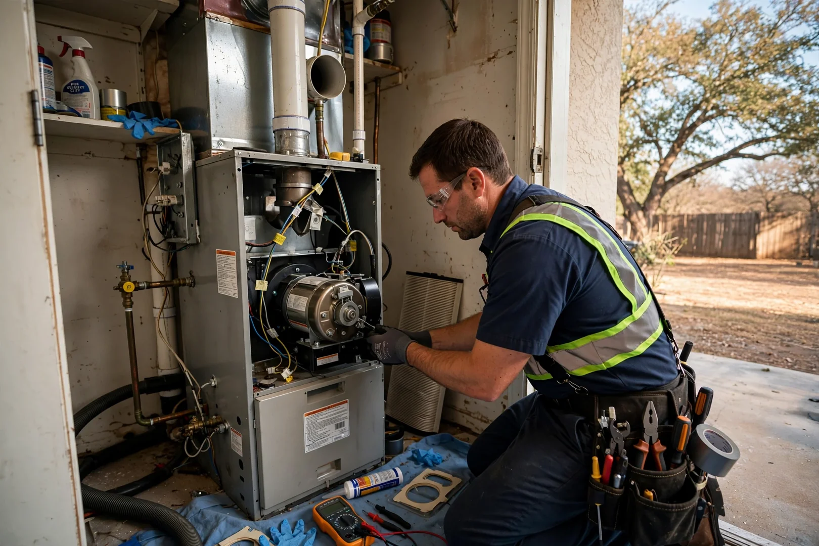 Replaced inducer motor mounted on a mid-efficiency furnace in a utility closet