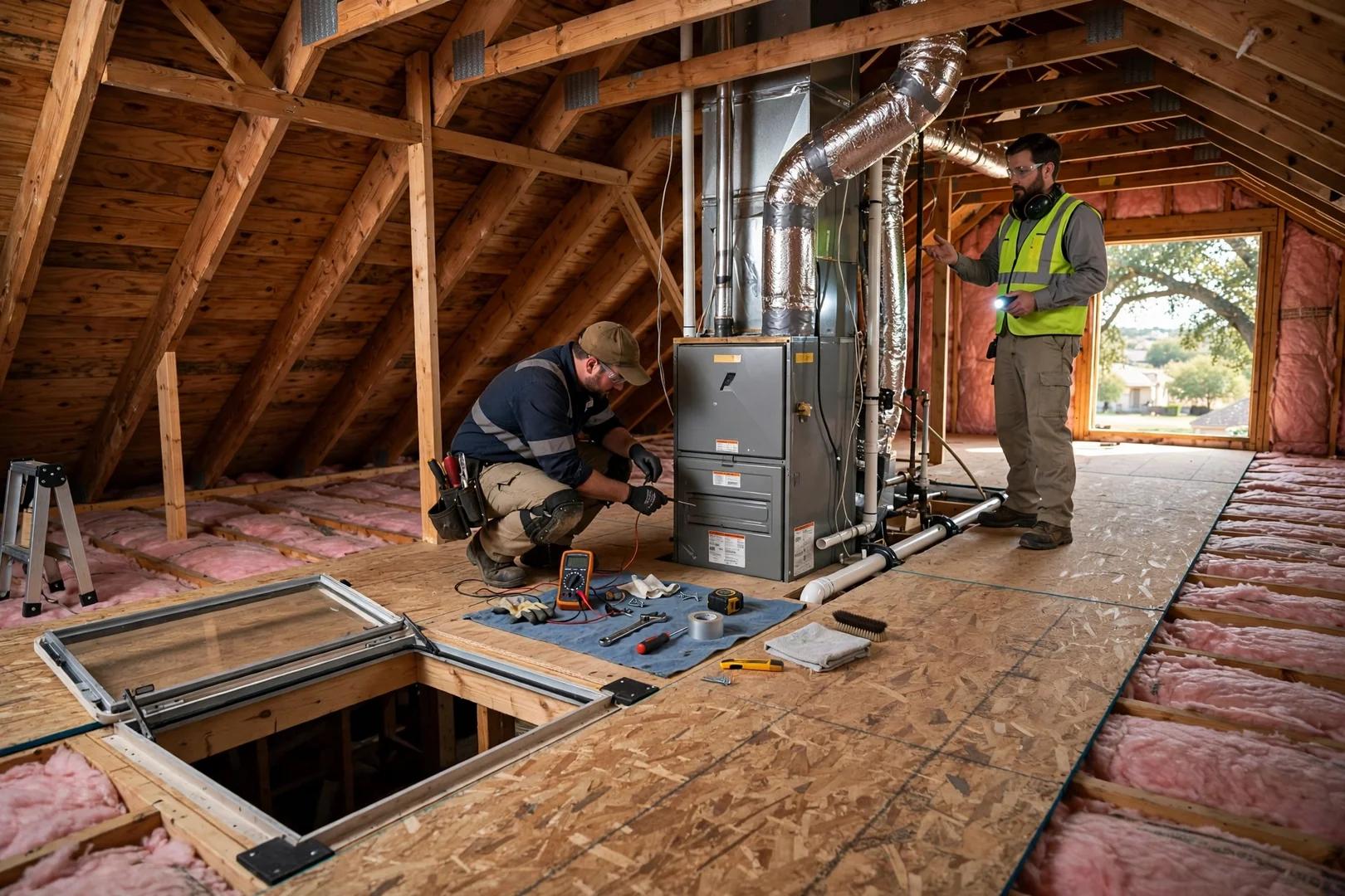 Wide view of a repaired attic furnace with protective walkway boards in place