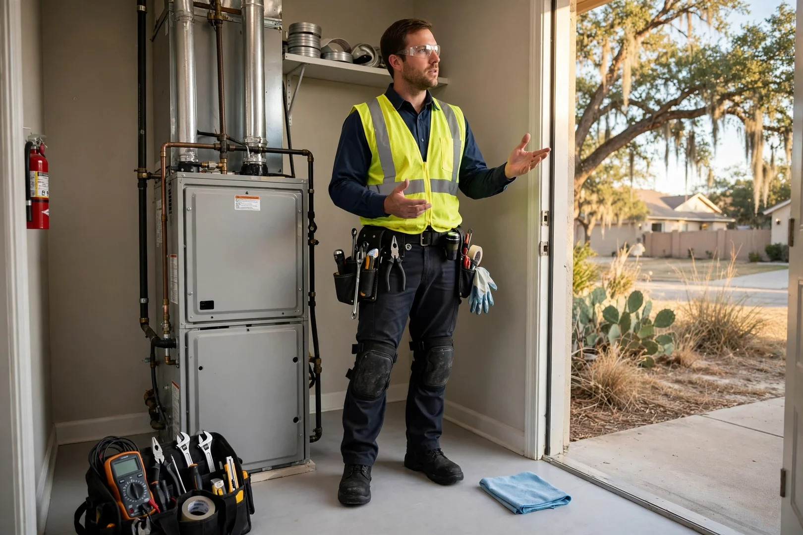 Finished furnace repair with clean closet floor and secured access panel in Universal City