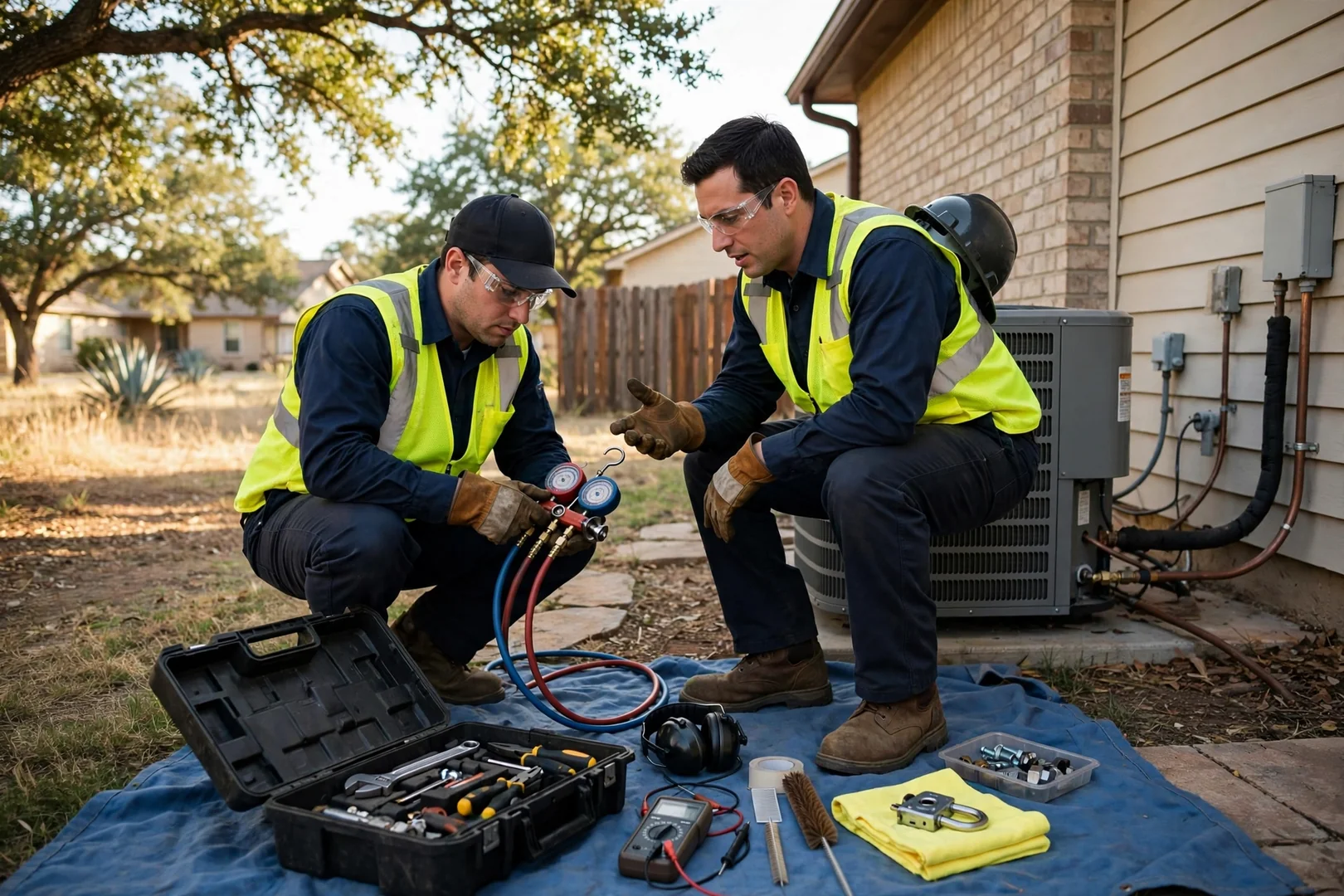 HVAC technician reviewing a service schedule beside an outdoor condenser unit in Universal City