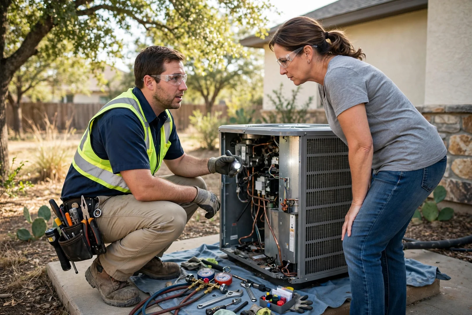 HVAC technician reviewing a written estimate with a homeowner beside an outdoor AC unit