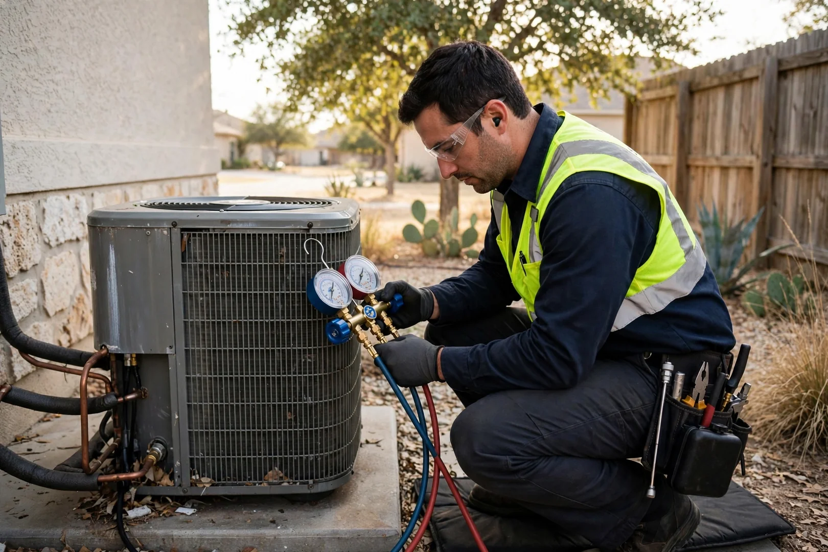 Technician checking refrigerant pressures on an outdoor AC condenser at a Universal City home