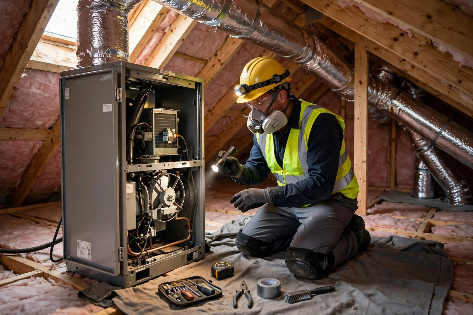 HVAC technician wearing protective gear while inspecting attic ductwork and air handler