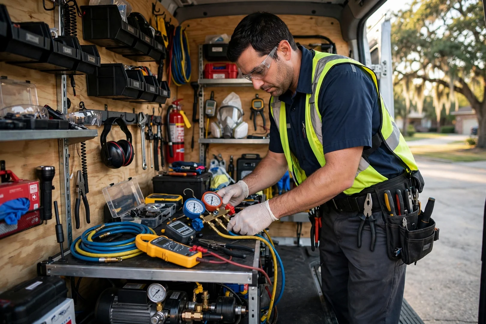 Organized HVAC service tools including gauges, meters, and safety equipment in a work van