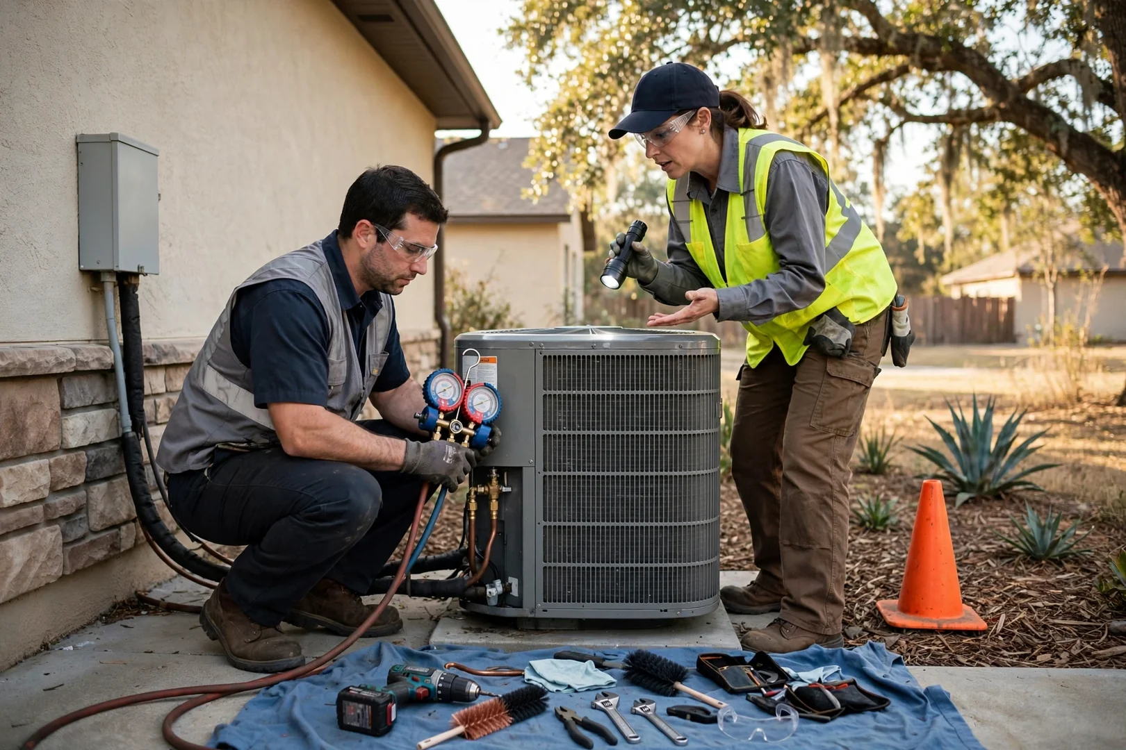 HVAC technician reviewing a written estimate with a homeowner beside an outdoor AC unit
