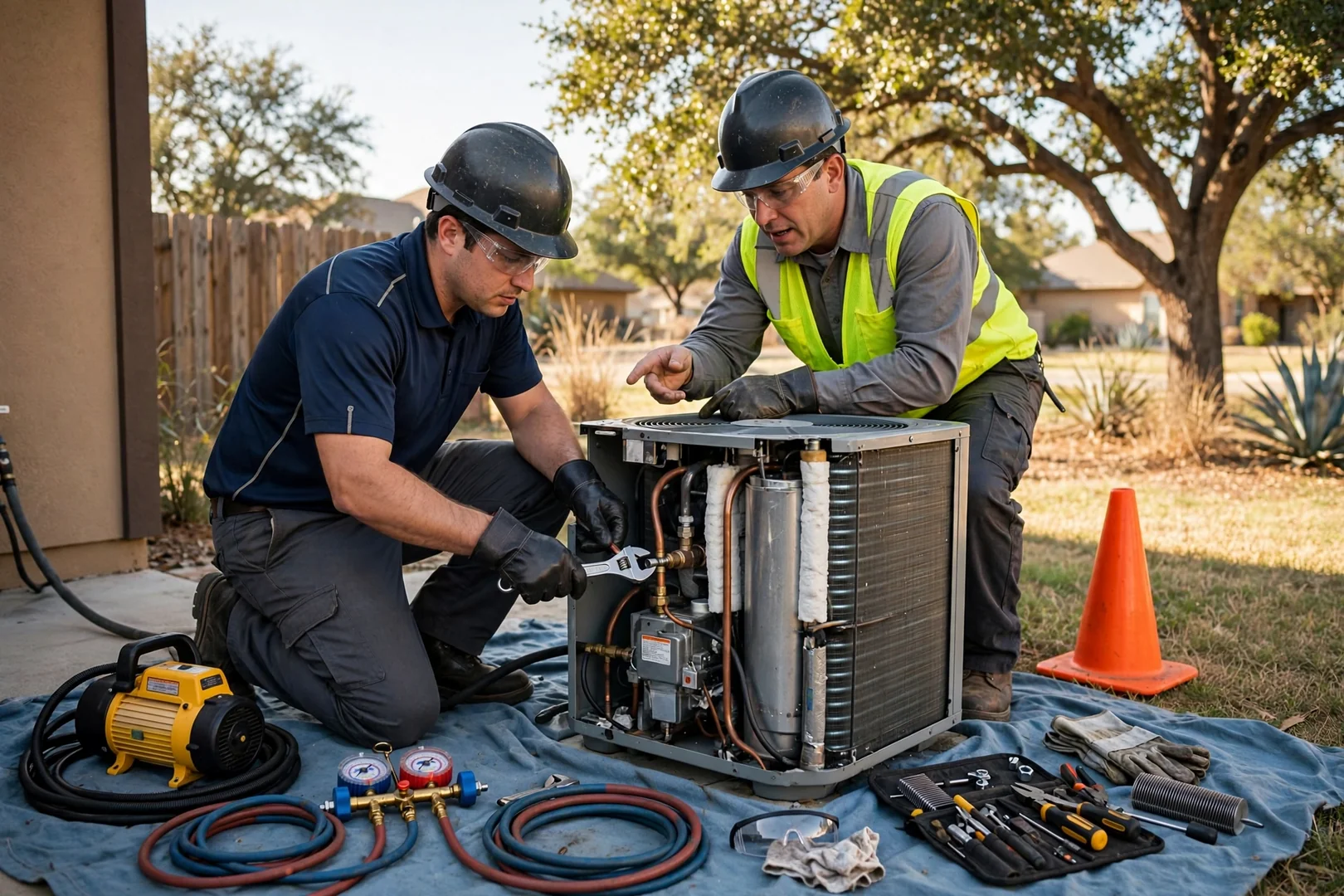 Residential street in Universal City with homes and outdoor air conditioning condenser units
