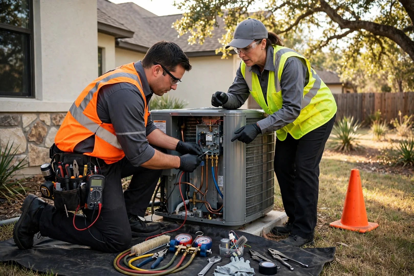 Technician checking an outdoor AC condenser unit on a Texas home