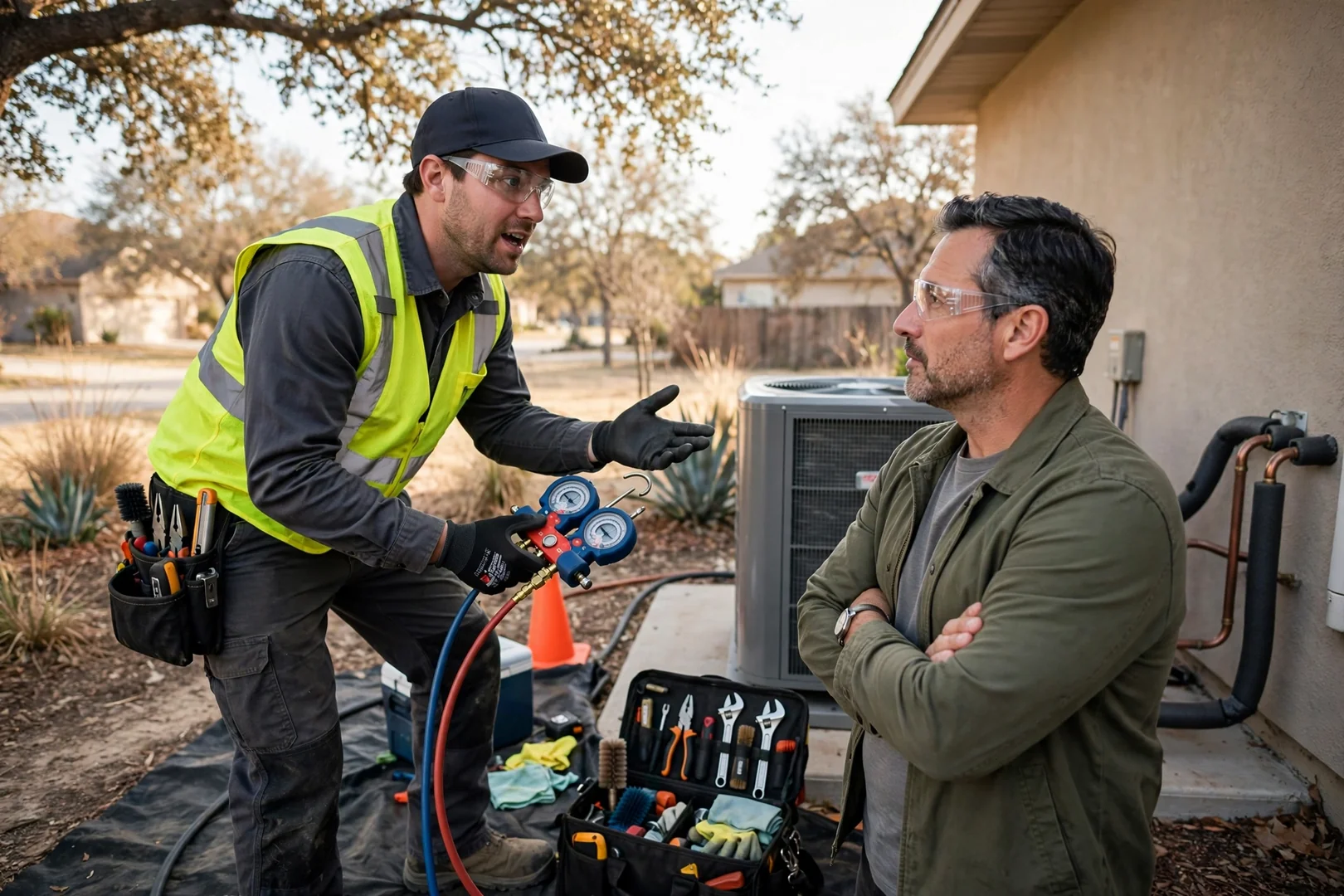Technician scheduling an AC repair call at a desk
