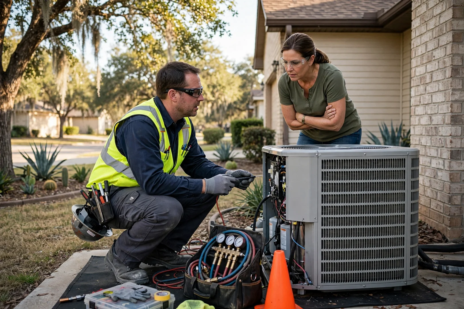 Technician checking refrigerant pressures on an outdoor AC condenser