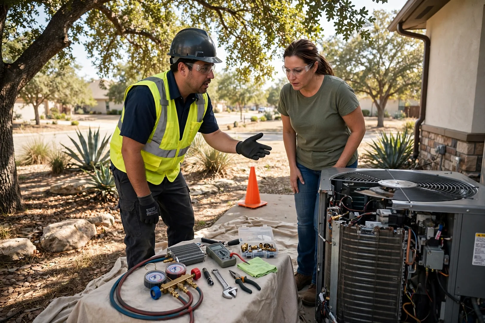 Technician reviewing a written HVAC tune-up estimate with a homeowner beside an outdoor condenser