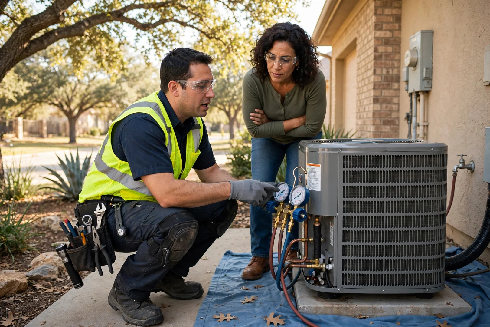 Technician checking outdoor AC condenser during a tune-up in Universal City