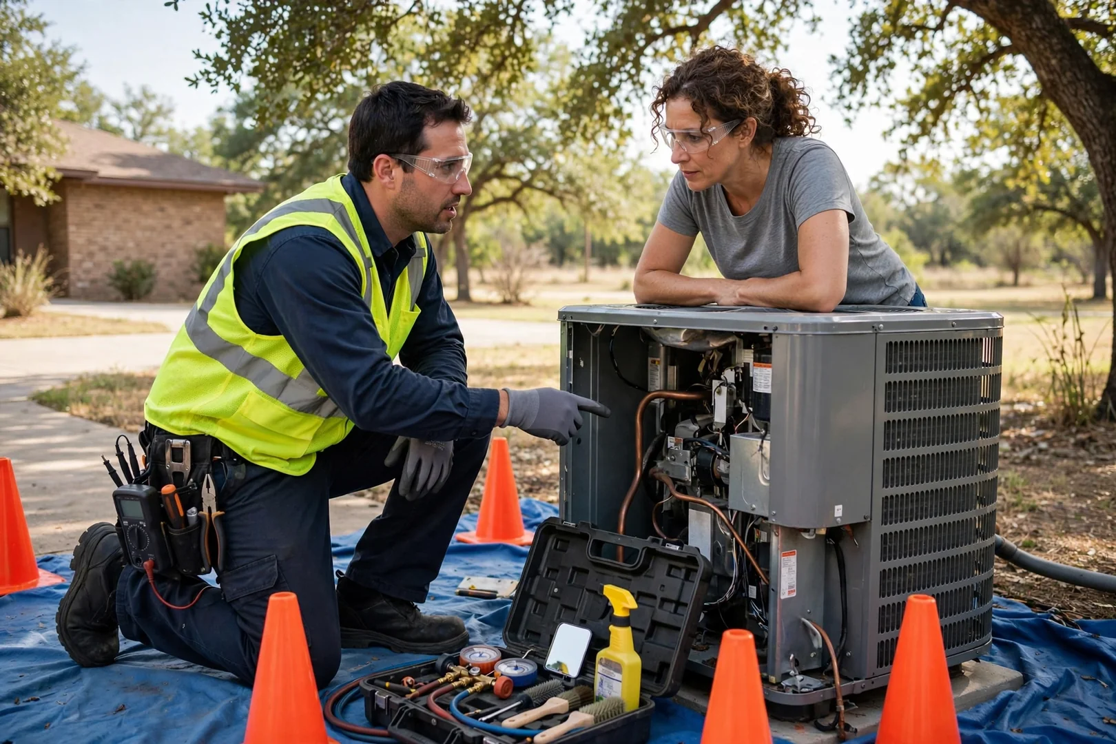 Technician cleaning an outdoor AC condenser coil during a seasonal tune-up in Universal City