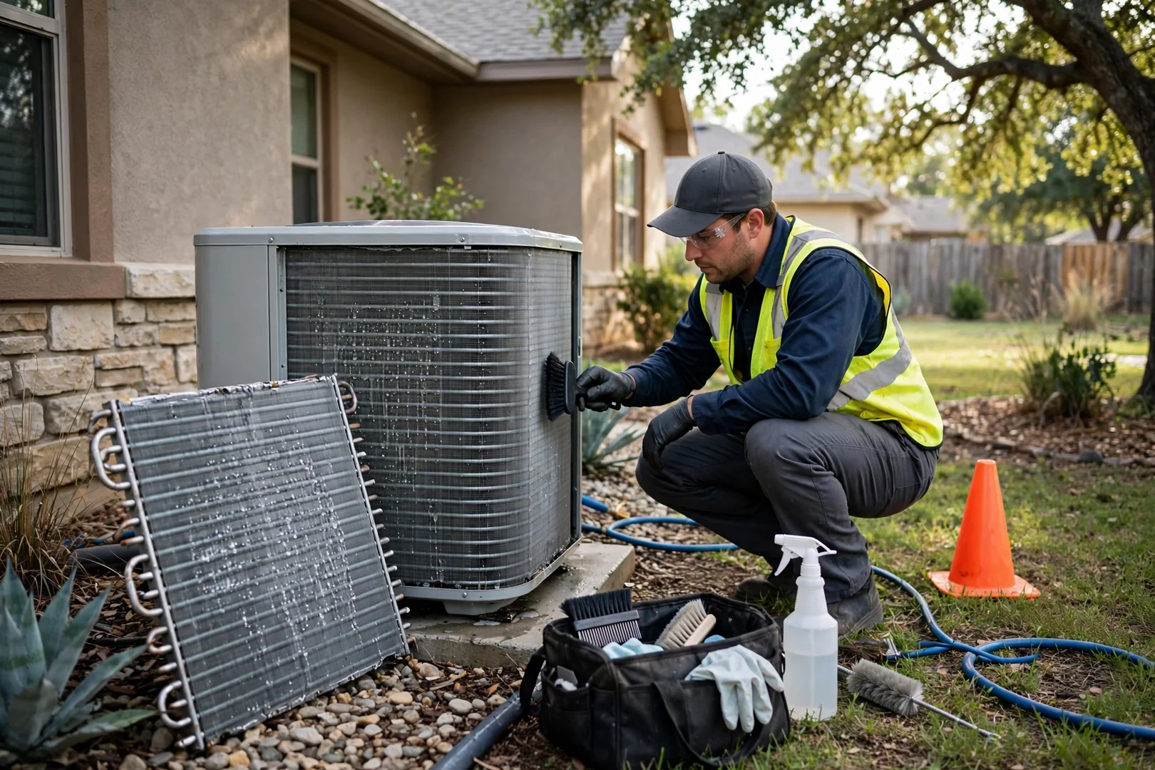 Freshly cleaned outdoor condenser coil beside a single-story home in Universal City