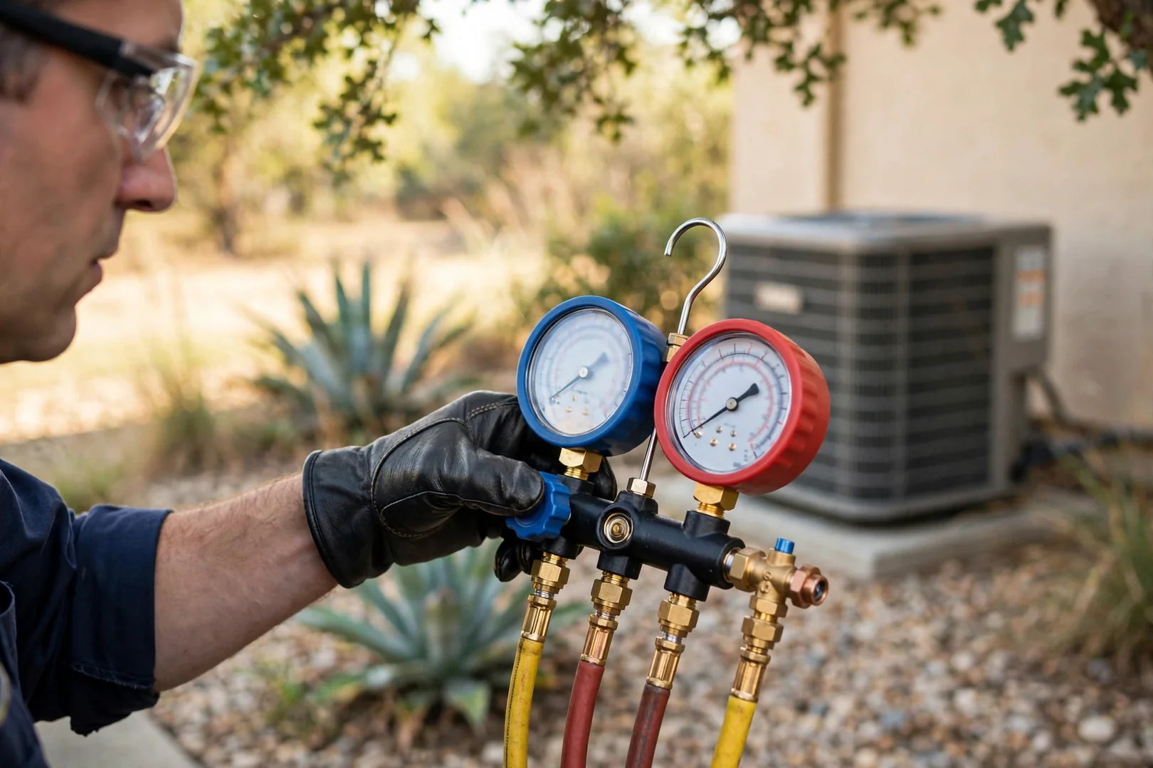 Close-up of refrigerant gauges connected to service valves during a seasonal AC tune-up
